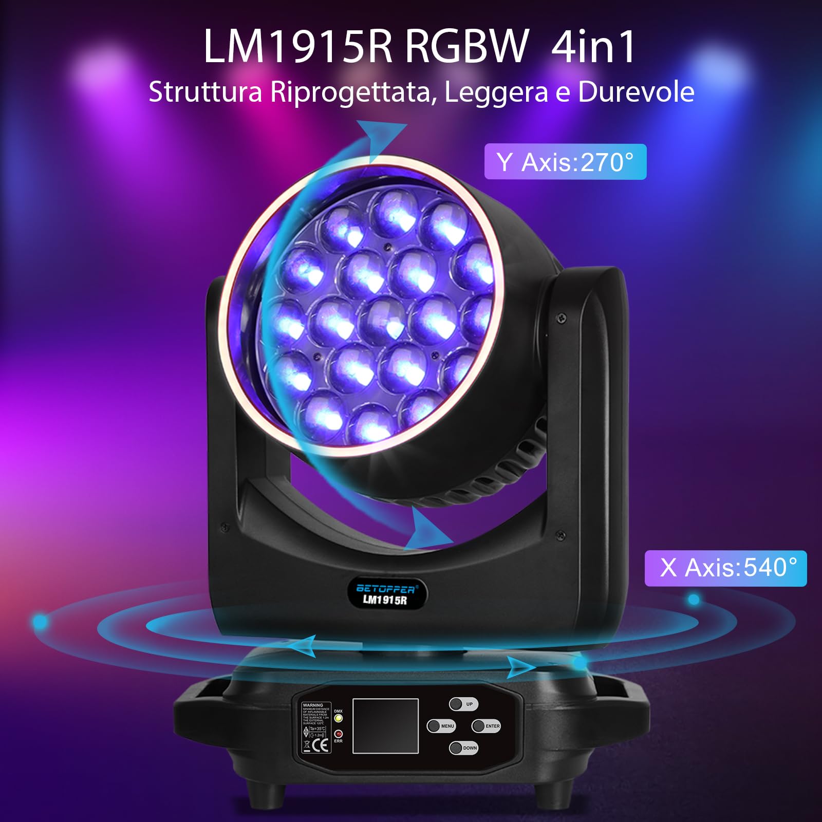 BETOPPER Teste Mobili 19x15W RGBW Luci da Palco con Effetto Striscia LED, Luci Discoteca, Luci DJ, Faro Motorizzato Moving Head per Festa, Matrimonio, Club e Spettacoli