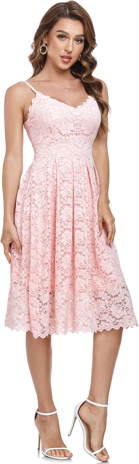 Atnlewhi Womens Spaghetti Strap V Neck Sleeveless A Line Lace Dresses for Evening Cocktail Formal Wedding Guest
