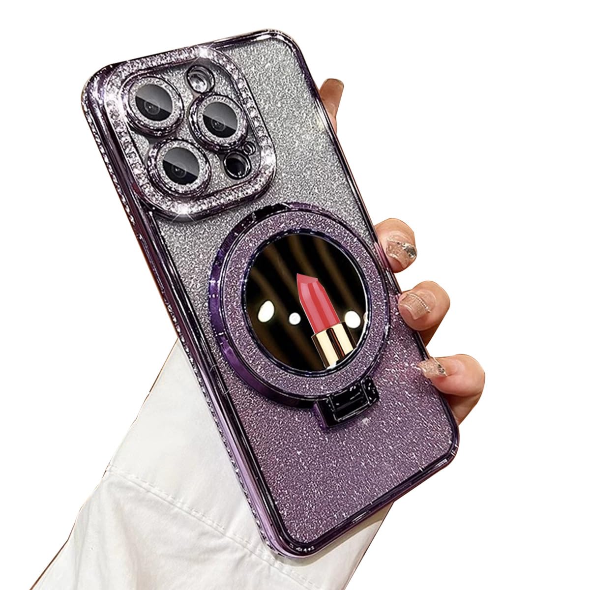GO-VOLMON Sparkle Girls Case for iPhone 14 Pro Max Ring Stand, Woman Glitter Diamond Case for iPhone 14 Pro Max Mirror Kickstand, Cute Case for iPhone