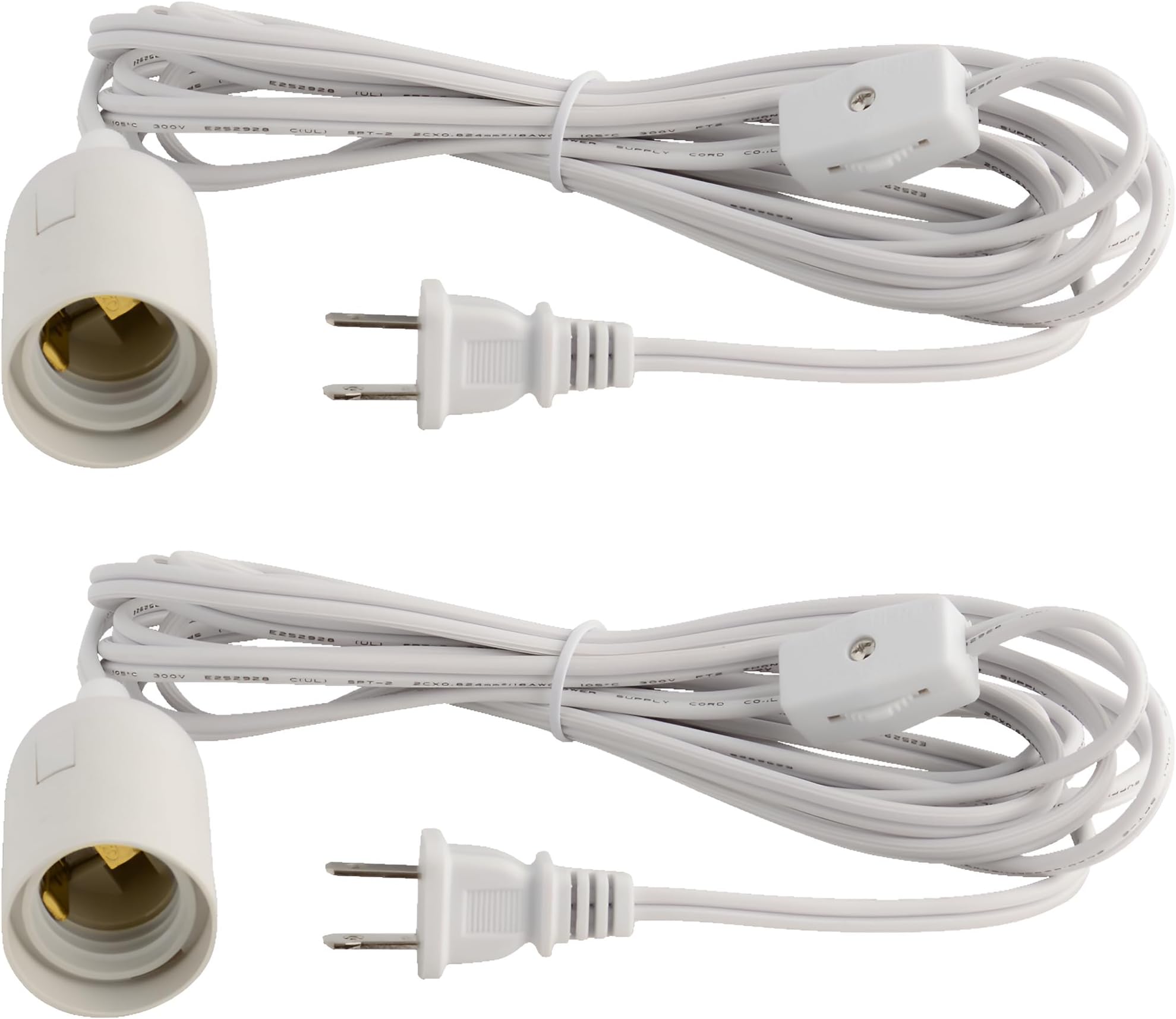 ABI E26 Light Bulb Socket to 2-Prong US AC Power Cord Adapter with On/Off Switch, 12 FT Cable (2 Pack)