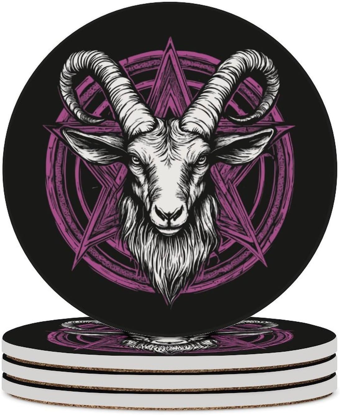Baphomet Satanic Goat Head Round Ceramic Coasters for Drinks Absorbent Cup Holder Tabletop Protector with Cork Base