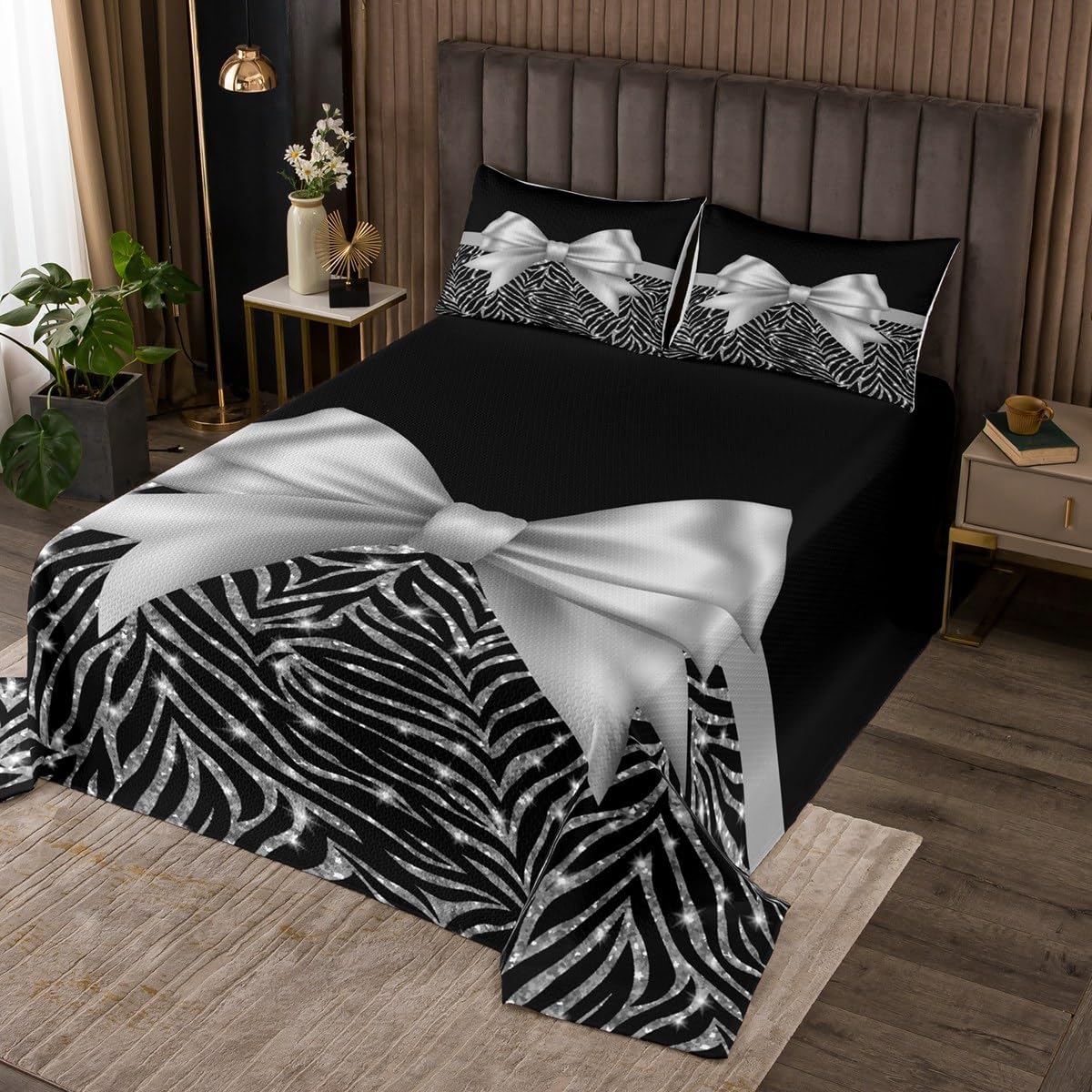 Feelyou Silver Glitter Print Bedspread Queen Size Silver Bowknot Decor Coverlet Set Pastel Print Quilt Set Black Bedding Cover for Boys Girls Kids Adults(No Glitter)
