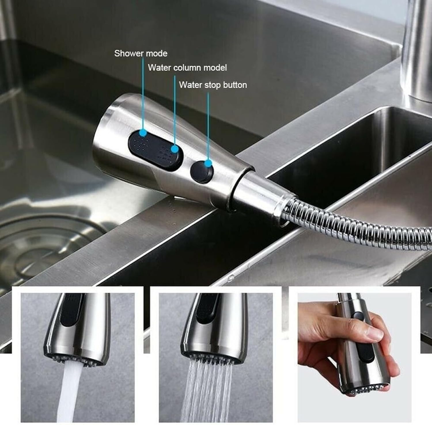 Yosoo Health Gear Faucet Spray Head G1/2, 3 Mode Kitchen Sink Sprayer, Pull Down Spray Nozzle for Rinse Pots, Fruit and Vegetables