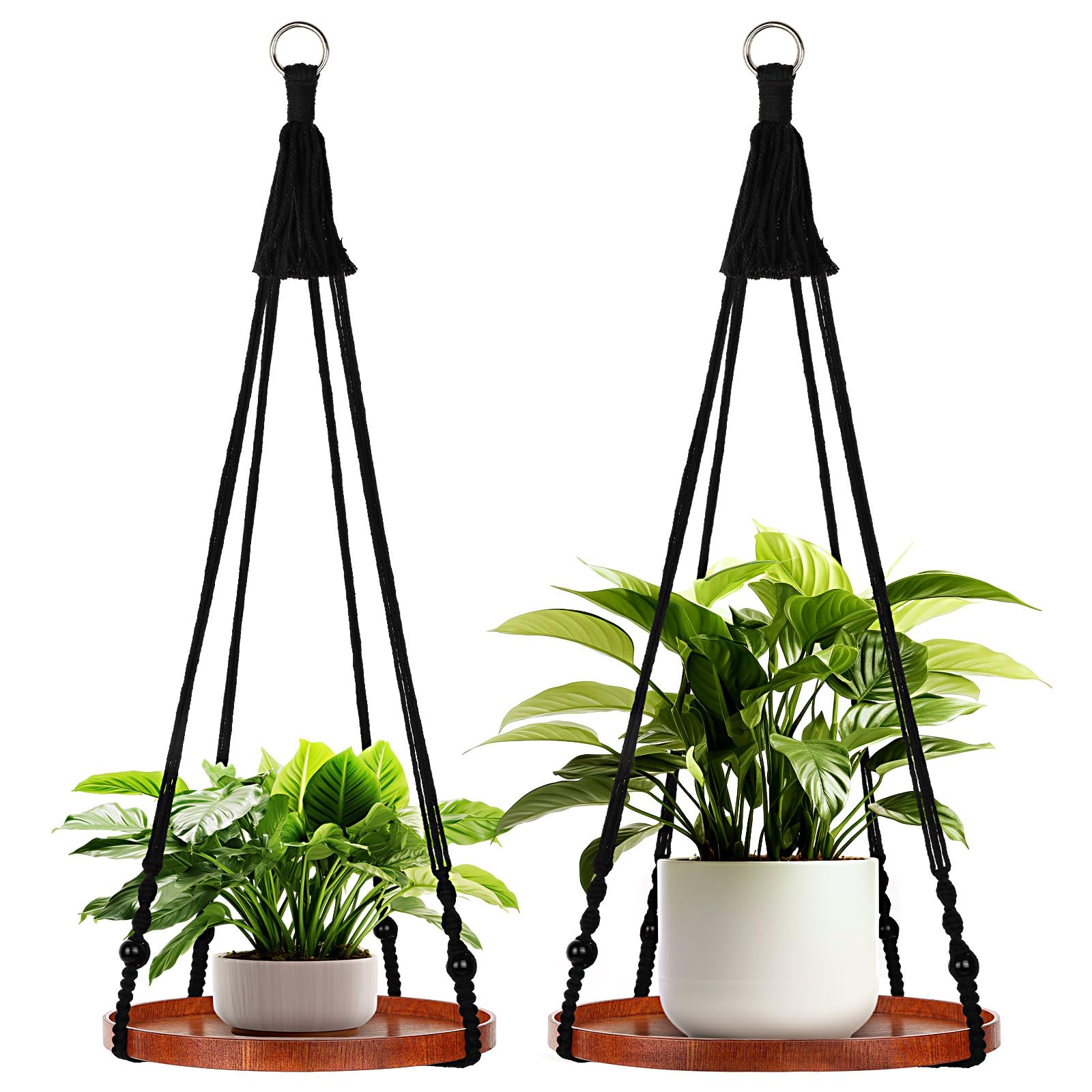 E-Know Lot de 2 supports de plantes en macramé pour plantes d'intérieur à suspendre – Support décoratif pour pot de fleurs – Cintres en coton faits à la main avec plateau en bois