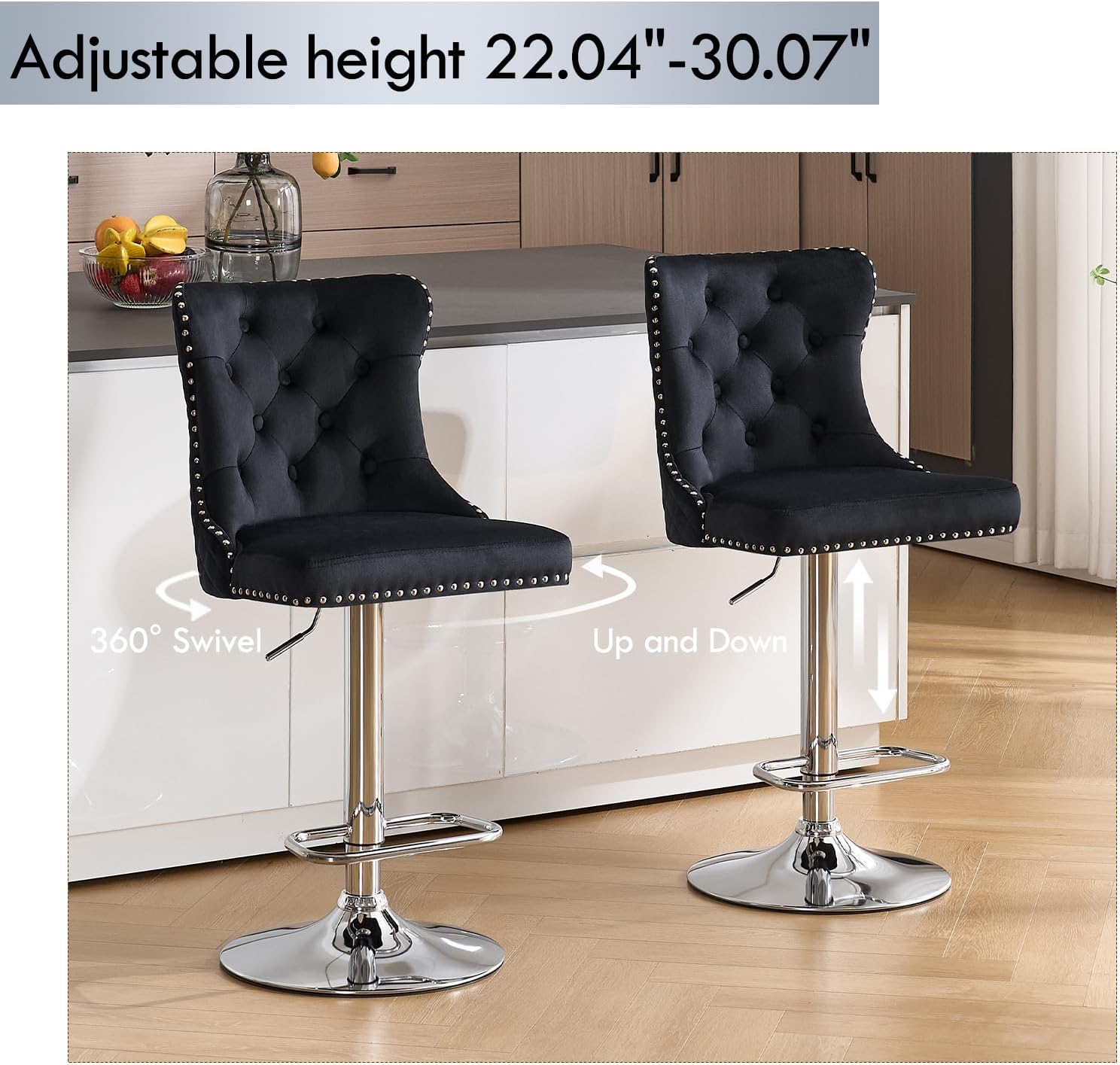 Velvet Bar Stools Set of 2, Modern Swivel Bar Height Stools with Lion Pull Ring, Adjustable Counter Height Chairs with Chrome Footrest/High Tufted Back for Kitchen Island/Dining/Cafe, Black