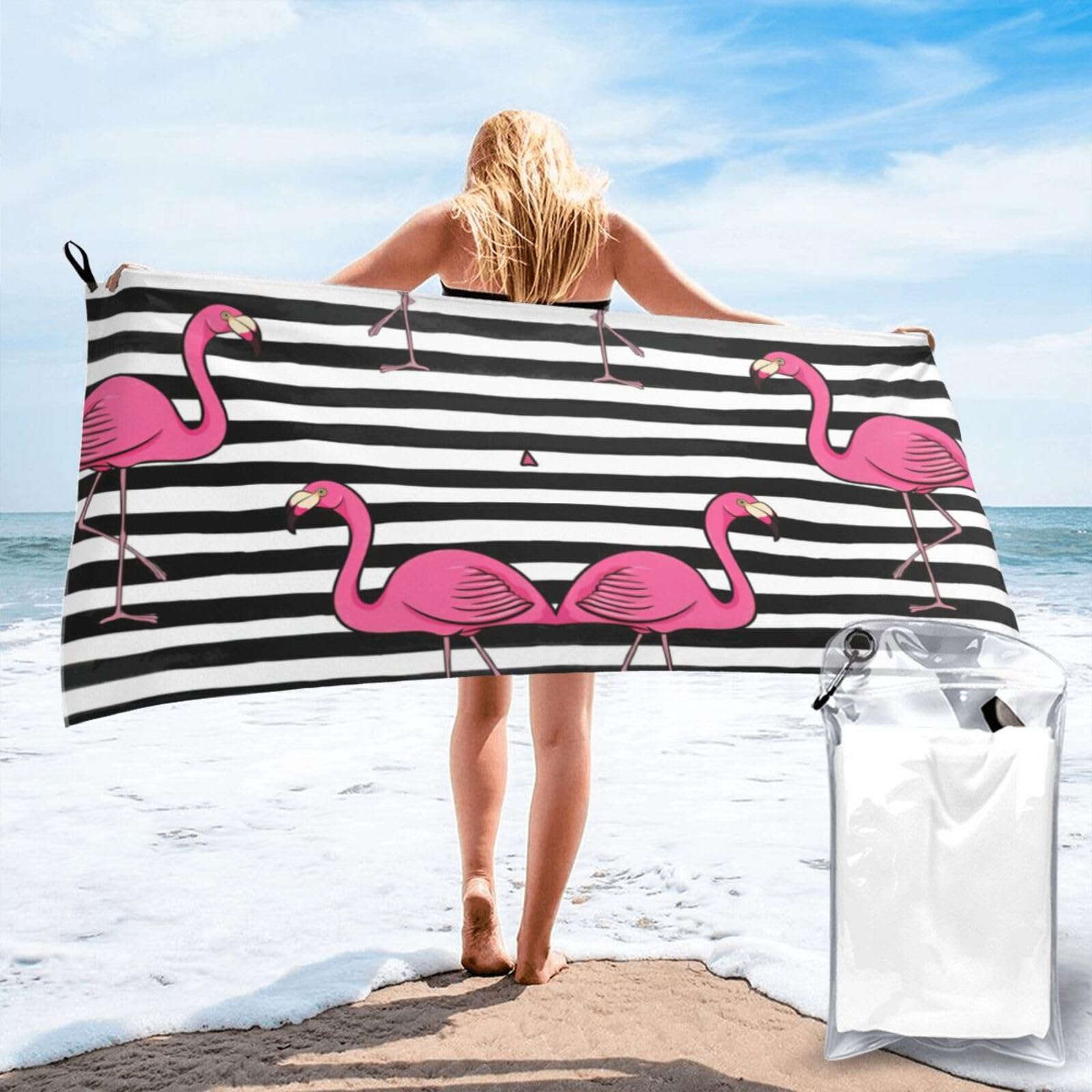 ENGhjes Pink Flamingo Print Camping Towel Fast Drying Bath Beach Shower Wrap For Gym Camping Vacation Adults Portable Gift