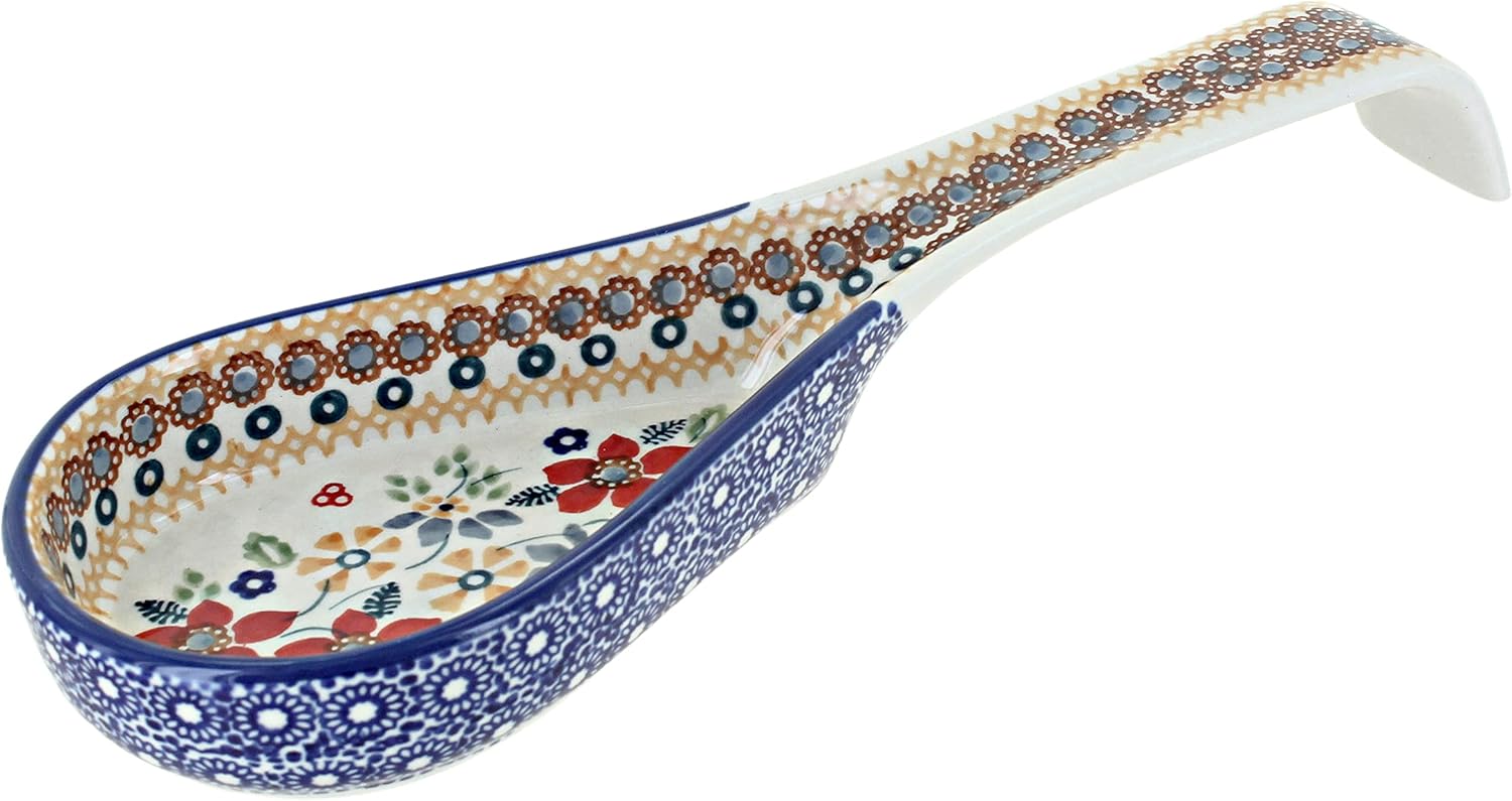 Blue Rose Polish Pottery - Red Daisy Large Spoon Rest - 10.5" x 3.5" - Heat-Resistant Decorative Spoon Holder for Cooking