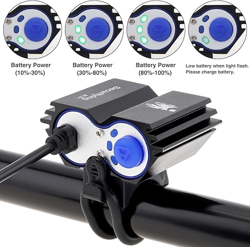 Miniatura 8 de SecurityIng Luz LED impermeable de 700 lúmenes para bicicleta, 4 modos, lámpara de bicicleta súper brillante + batería recargable de 8.4 V +