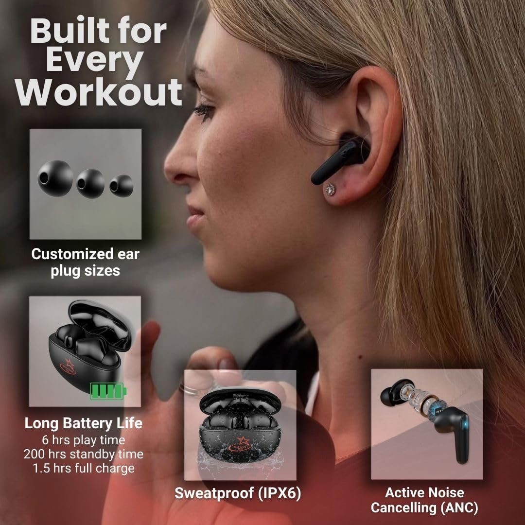 T-90 BoomSounZ Sweatproof Wireless Earbuds – ENC Noise Cancelling Ear buds with Dual Mode for Music & Gaming, Deep Bass Touch Controls, Fast Charging Long Battery Life, Secure Fit for Workouts & Calls