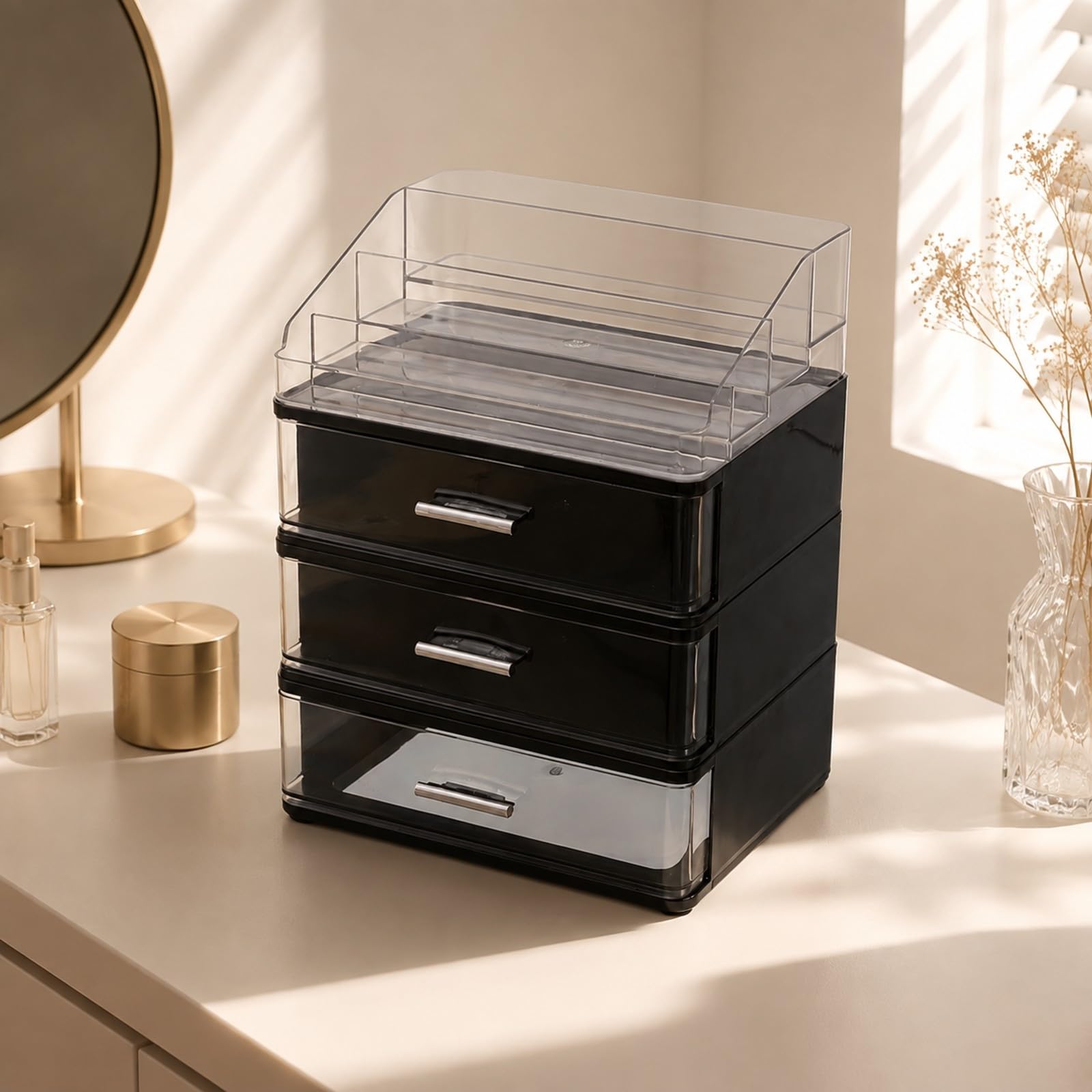 make-up-organiz mit transparentem obteil plastik make-up-aufbewahrung einfaches design beauty-aufbewahrungsbox für schreibtisch, 3-Stufig