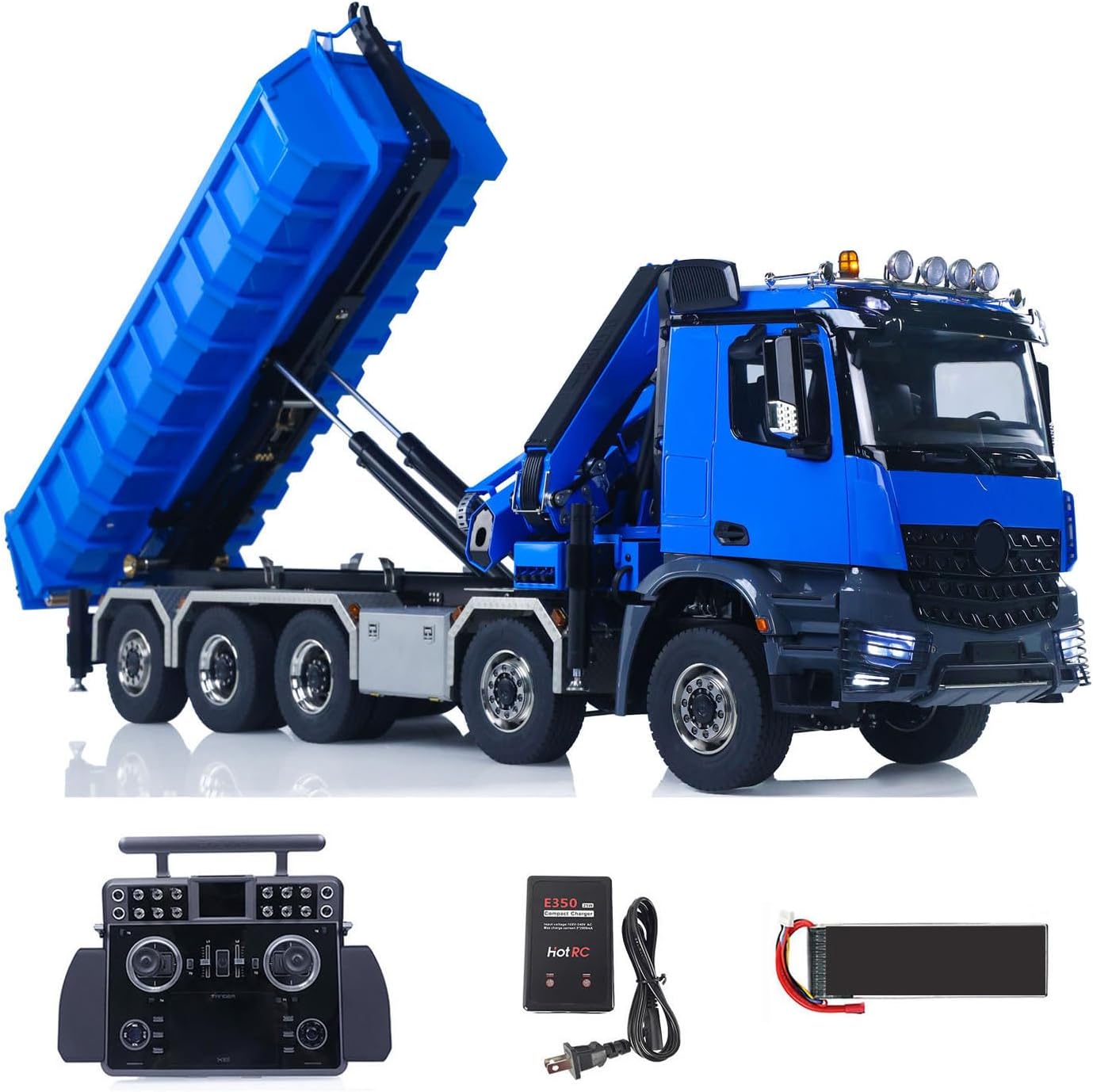 1/14 RC Hydraulic Dumper Truck 10X10 3-Speed Transmission Full-Dump Crane Cars Standard Bucket Light Sound XE Lite Radio Controller(Blue Gray Black)