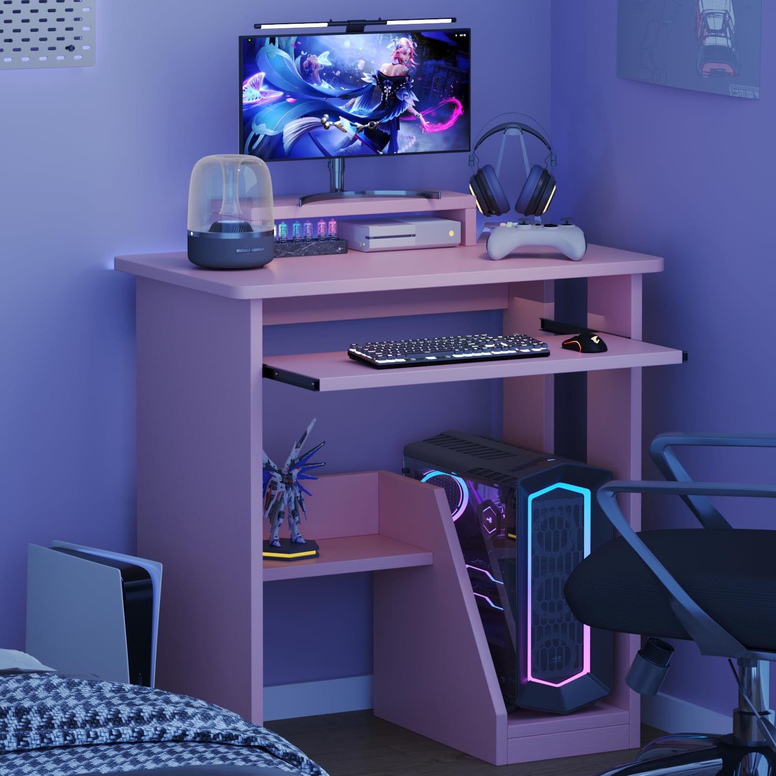 MIN WIN Kleiner Schreibtisch, Computertisch mit Monitorständer, Tastaturablage und CPU-Ständer, Bürotisch für kleine Räume, Home Office, Schlafzimmer