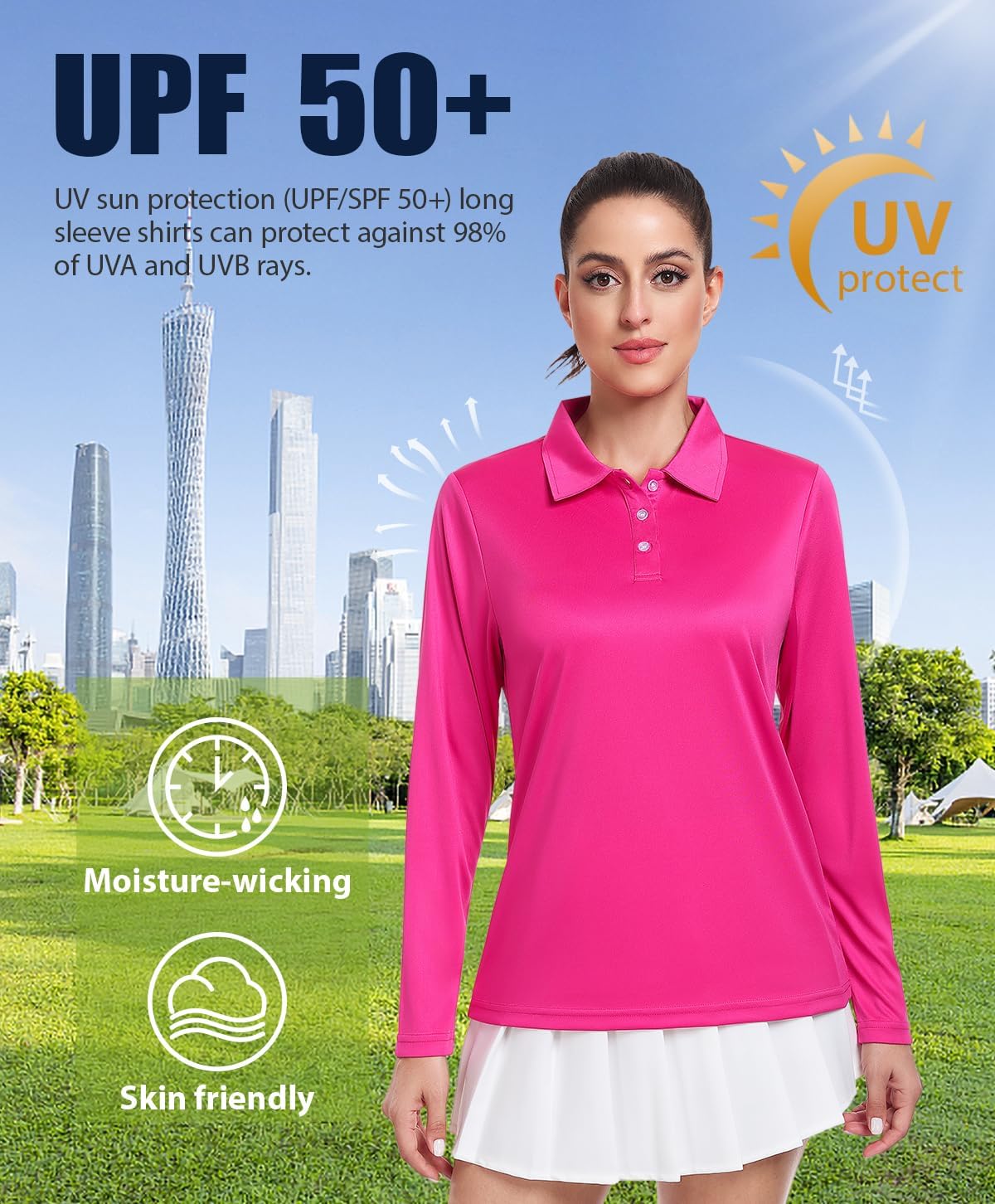 Star Vibe Long Sleeve Polo Shirts for Women Moisture Wicking Golf Shirt Quick Dry UPF 50+ Sun Tennis Athletic Tops 3 Pack