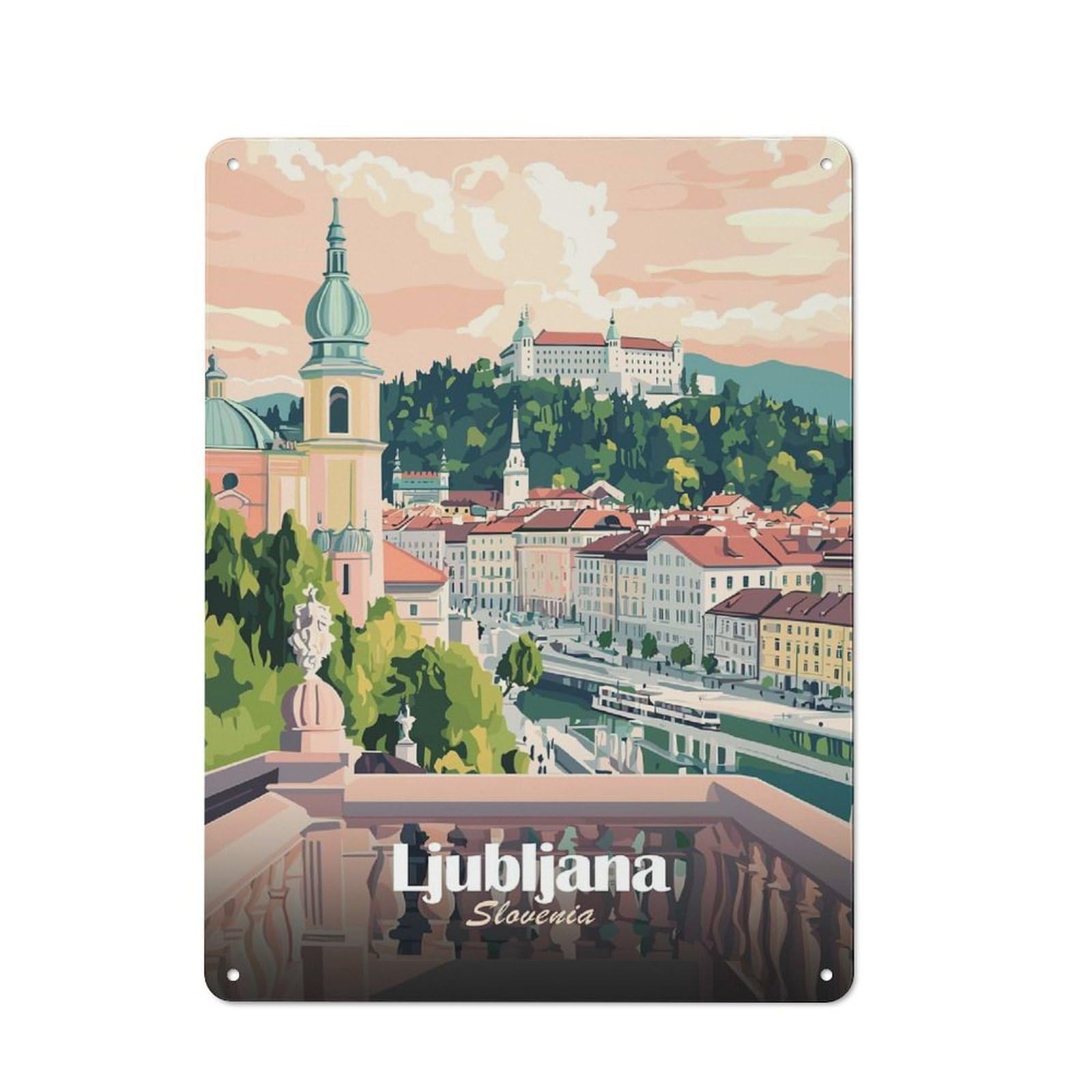 Junmoney Style-1 Ljubljana, Slovenia Cityscape Illustration(2) Retro Metal Sign 40X30cm For Dining Room Or Kitchen, Suited To Dining Room Decor Fans