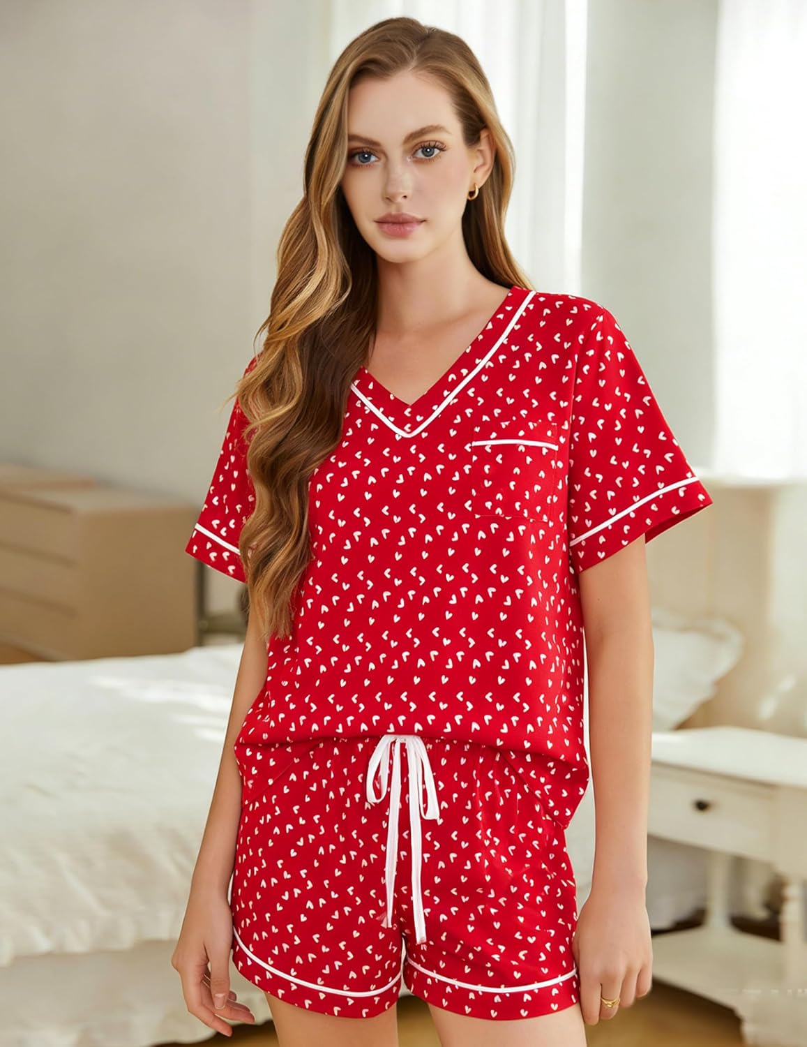 ASTANFY Valentines Day Pajamas Women 2 Piece Silk Valentine Pjs Cute Heart Pajamas V Neck Satin Sleepwear Loungewear Set - Image 5