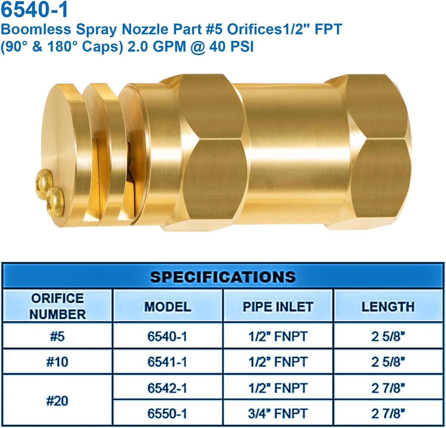 6540-1 Boomless Spray Nozzle Part #5 Orifices 1/2" FPT (90° & 180° Caps) 2.0 GPM @ 40 PSI