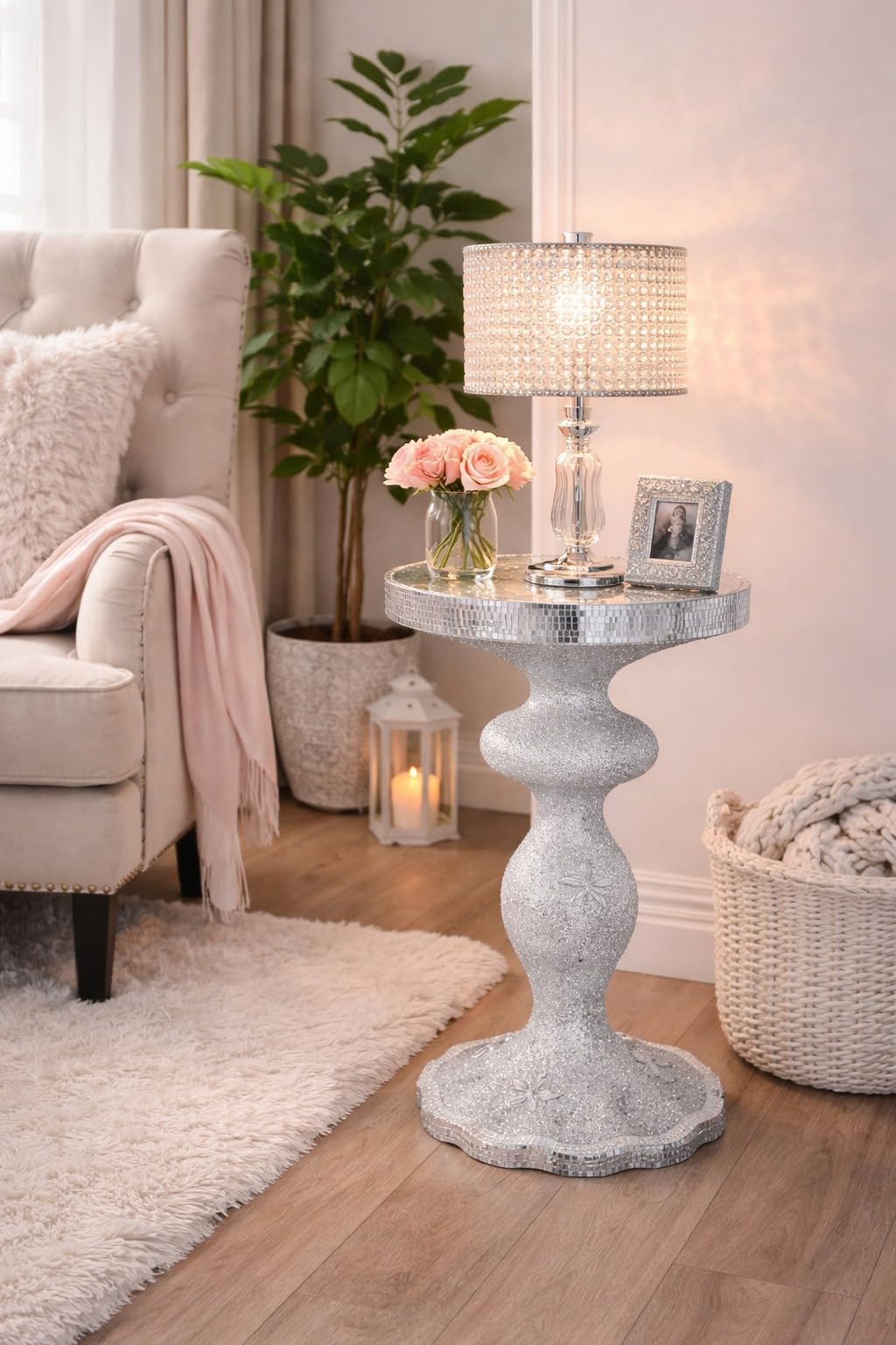 SHABJY Lady Silver Crushed Diamond Side Table, 40x60cm Mirrored Sparkly Bedside Stand, Modern Crystal Accent End Table for Living Room, Bedroom, Hallway, Glam Luxury Home or Office Decoration