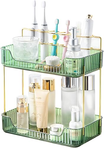 Organizador de baño de 2 niveles con soporte para cepillos de dientes, organizador de tocador y organizador de perfumes, bandeja organizadora para