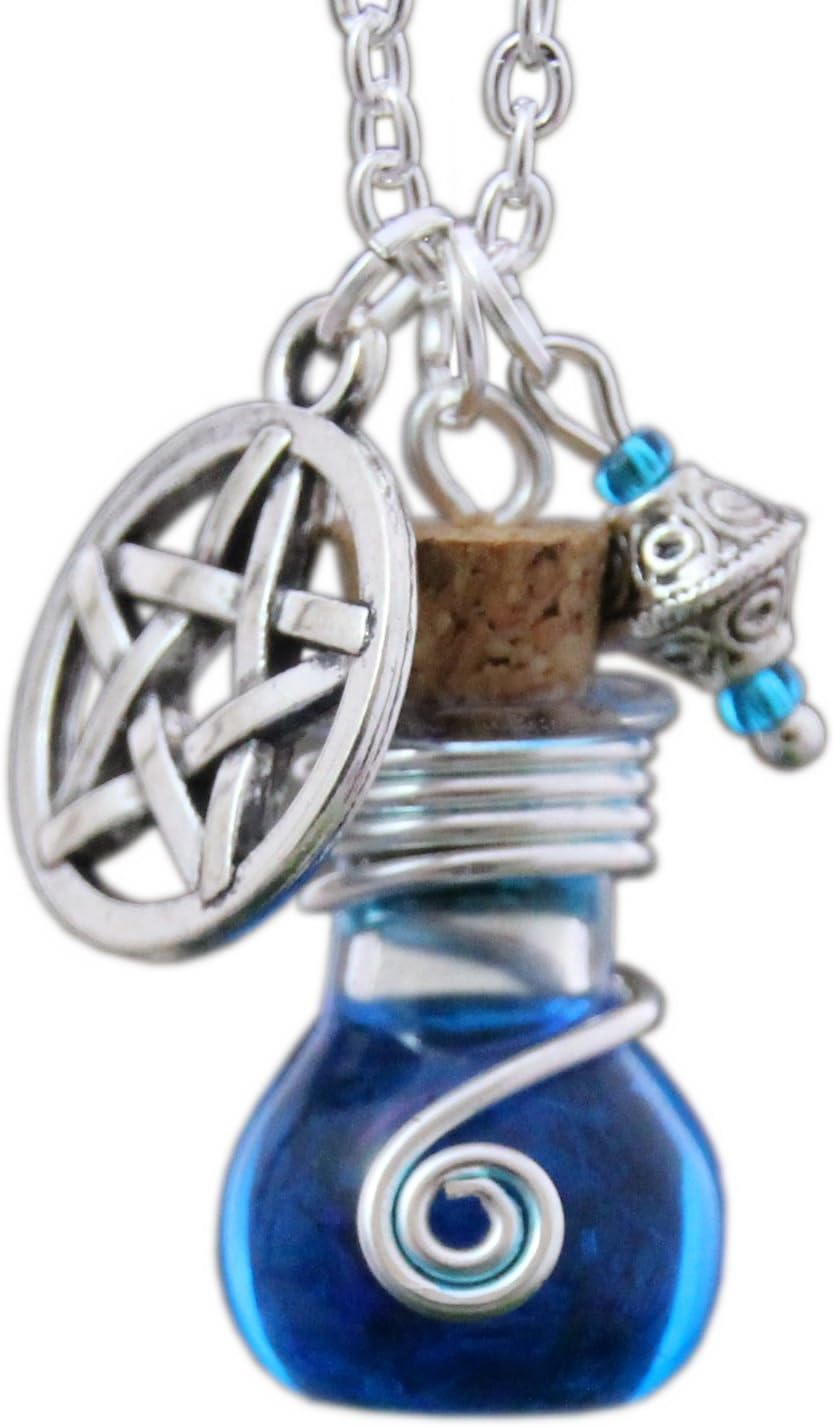 Katharina Fairytale protective amulet chain, vial, elixir of the witch Tarja, blue pentagram, ornamental pearl