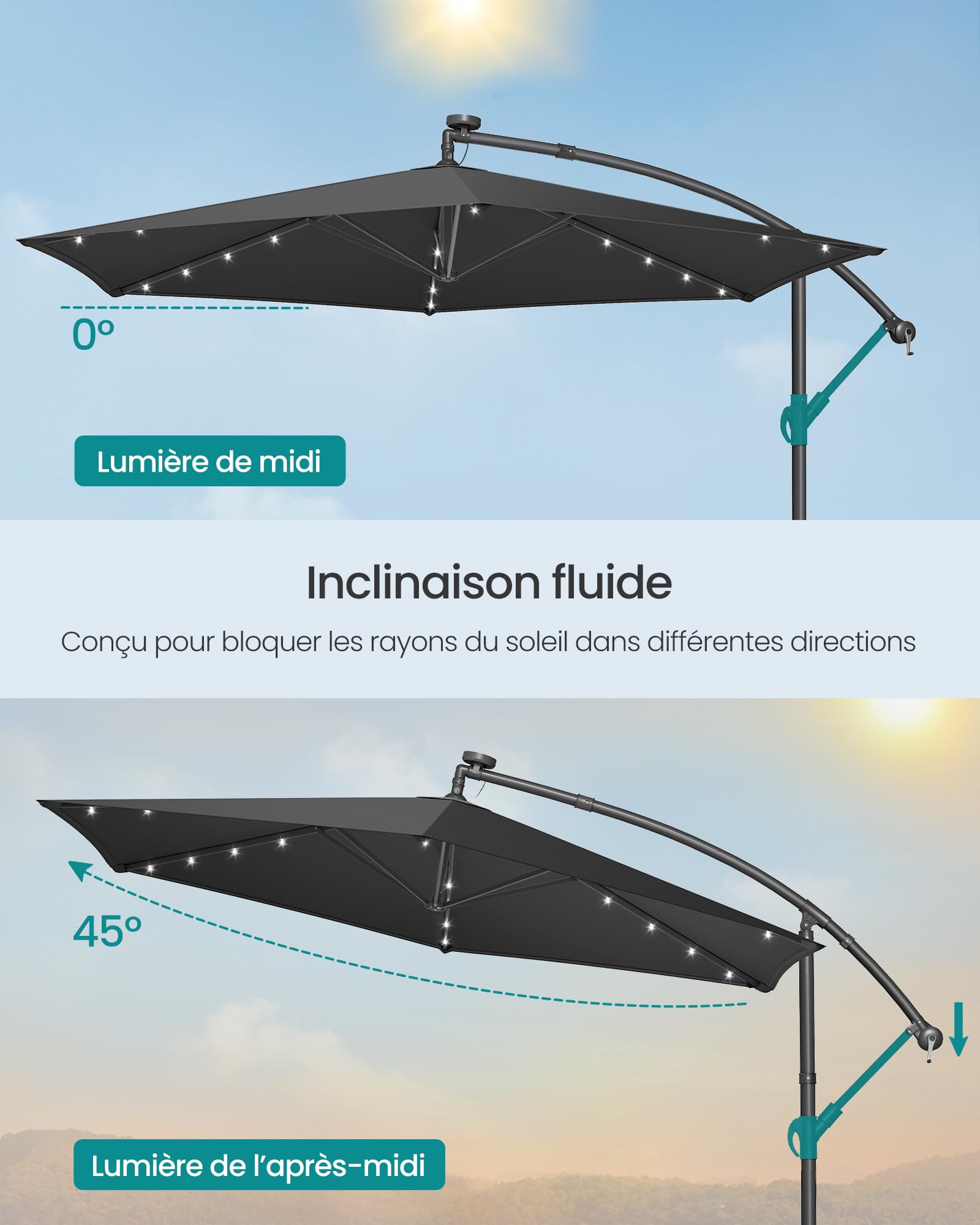SONGMICS Parasol Déporté avec 32 LED, Socle en Croix, Ombrelle, Protection UPF 50+, Manivelle d'Ouverture et de Fermeture, Jardin, Terrasse, Piscine, Plage