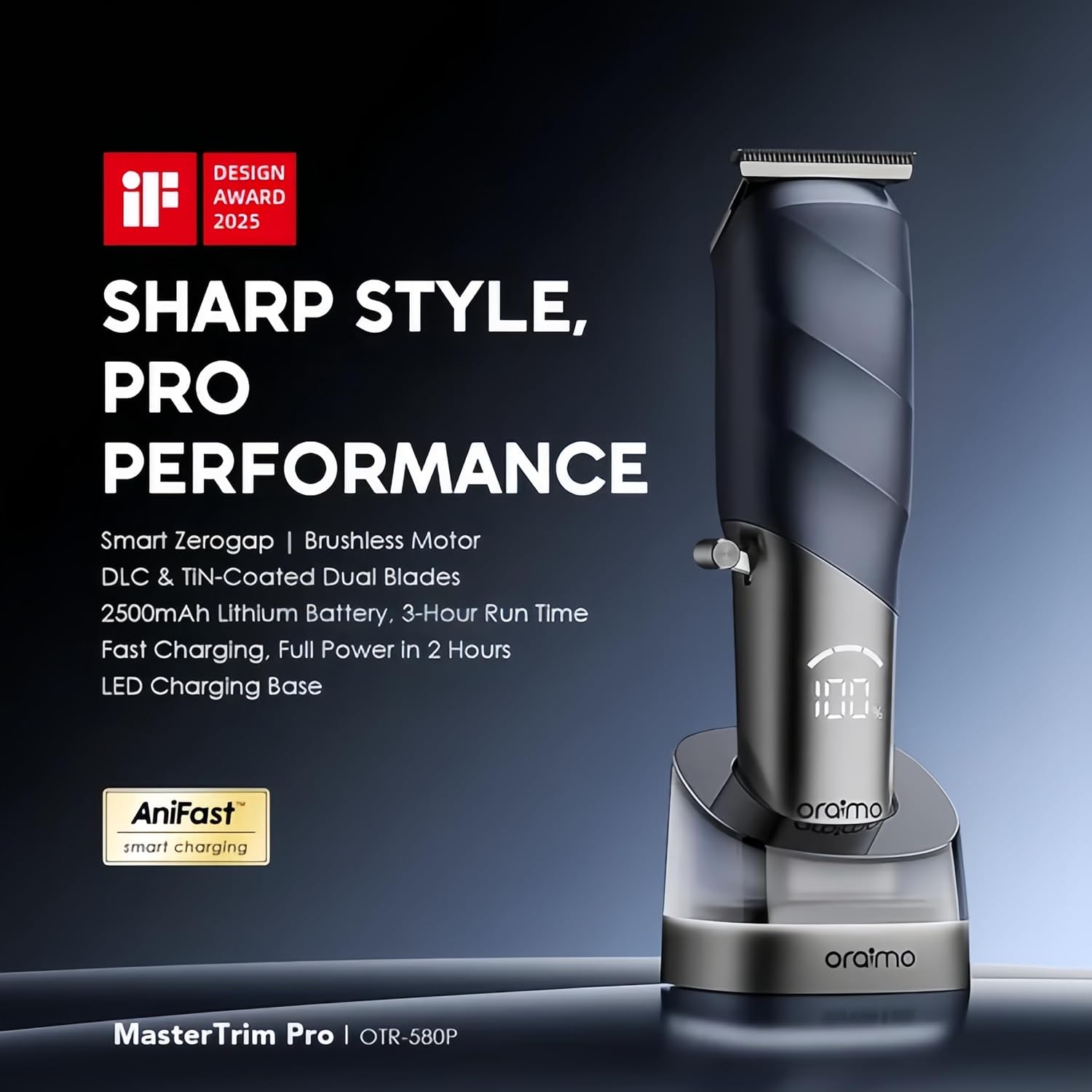 Oraimo Professional Zero Gapped Trimmer for Men, Cordless T Blade Hair & Beard Trimmer, 10000 RPM Brushless Motor Edgers Liners, Professional Barber Clippers with LED Charging Base, Ideal Mens Gifts