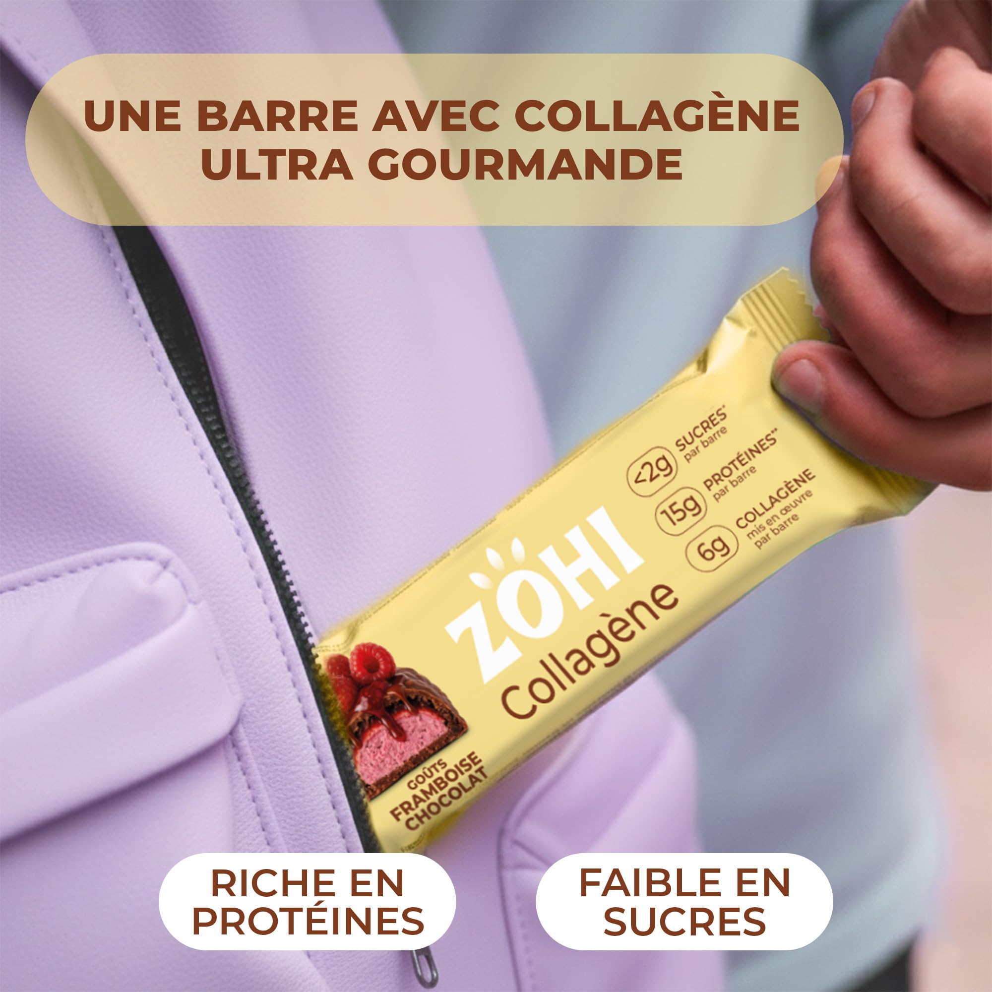 ZOHI - Barre avec Collagène saveur Chocolat et Framboise - Riche en Protéines et Moins de 2g de Sucres - Enrobée de Chocolat au Lait et Billettes Croustillantes - 50g (Pack de 12)