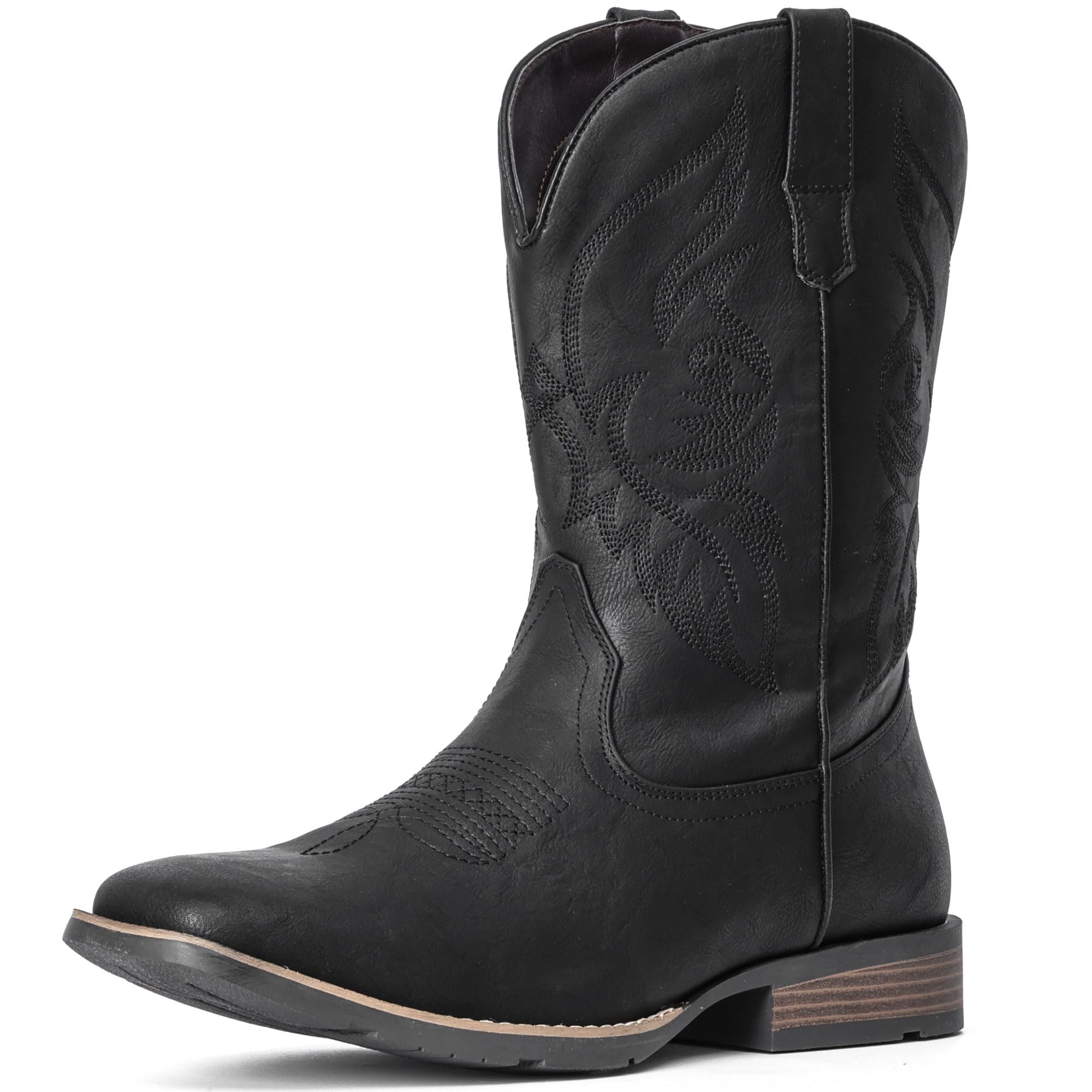 IUV Cowboy Boots For Men Square Toe Western Boot Durable Retro Classic Embroidered Pull On Boot Slip Resistant Country Boots