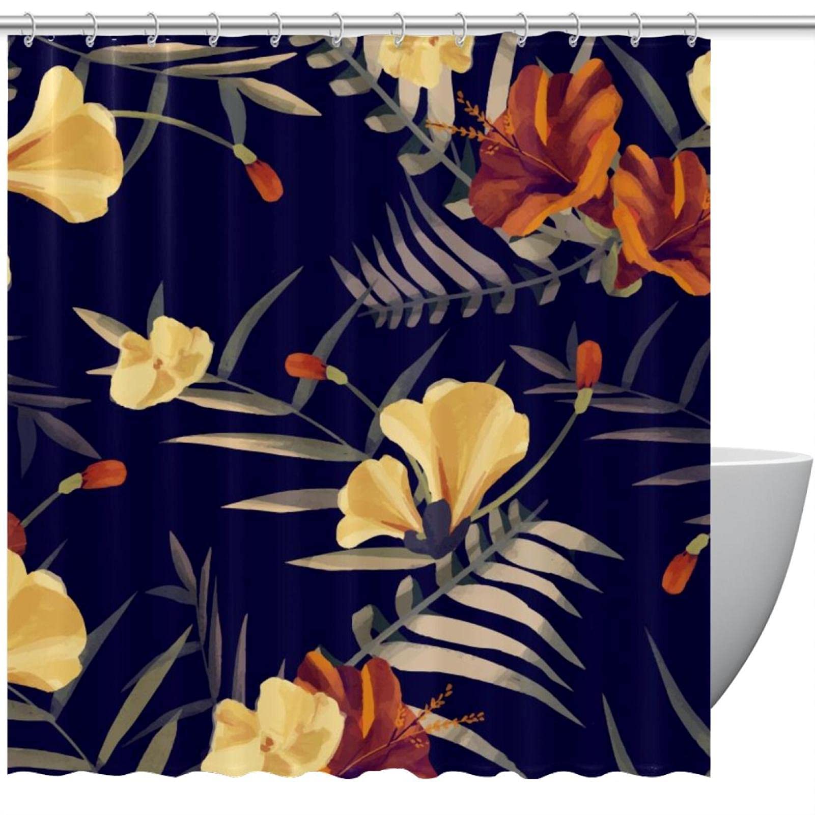 Rideau de douche imperméable motif tropical noir anti-éclaboussures