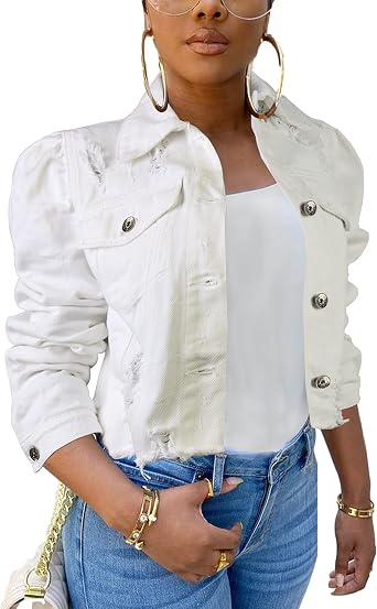 AMEBELLE Jean Jacket for Women Long Puff Sleeve Distressed Crop Denim Jackets Top