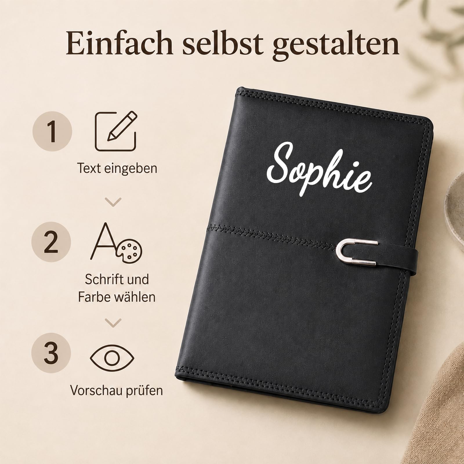 10 Stück Notizbuch Personalisiert mit Namen Benutzerdefiniert Buch | B6 | PU-Lederoberfläche | 216 Seiten | Linierte Blätter | Cremefarbenes Papier | Für Büro, Uni & Alltag | UV-Druck