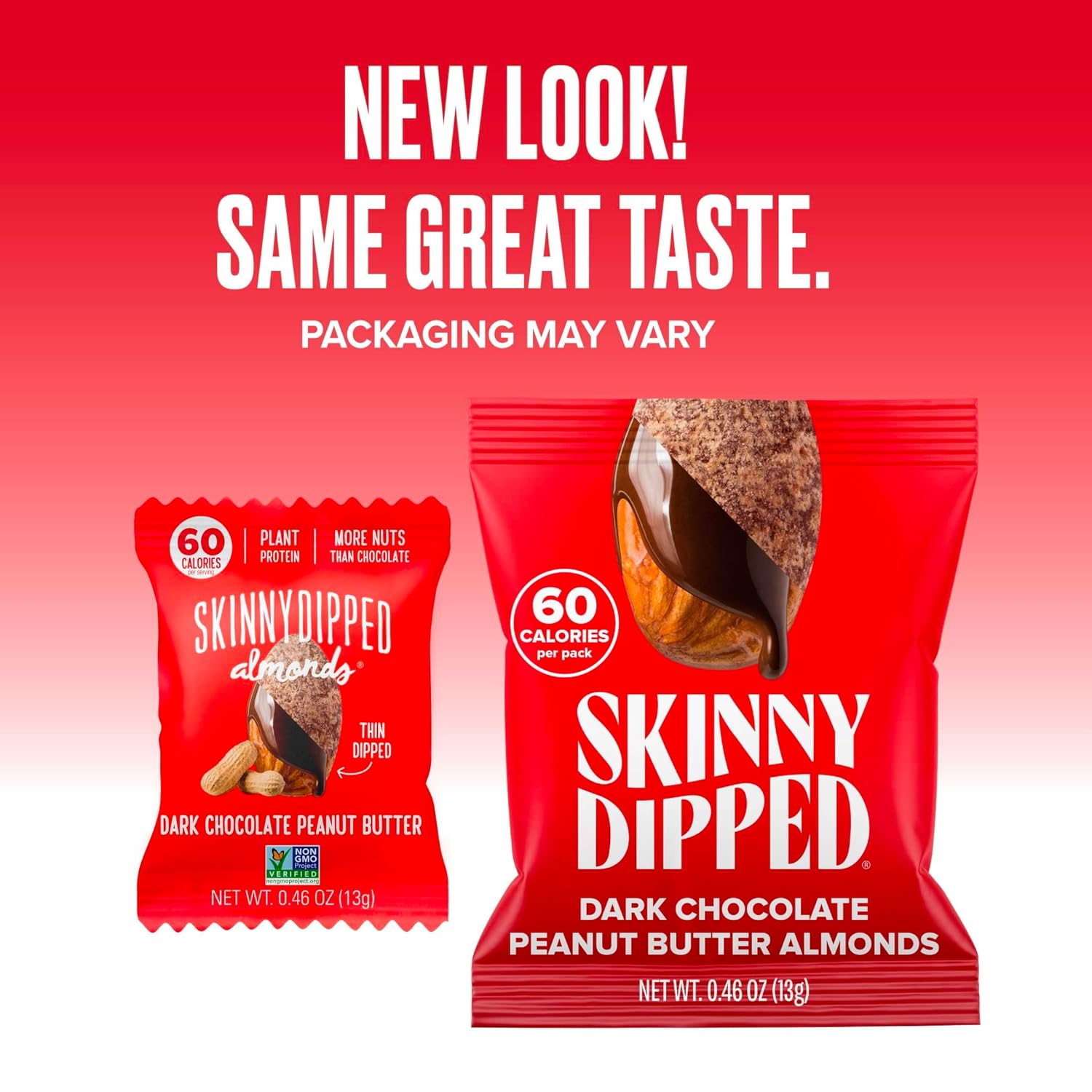 SkinnyDipped Dark Chocolate Peanut Butter Almonds, Healthy Snack, Plant Protein, Gluten Free, 0.46 oz Mini Bags, Pack of 24