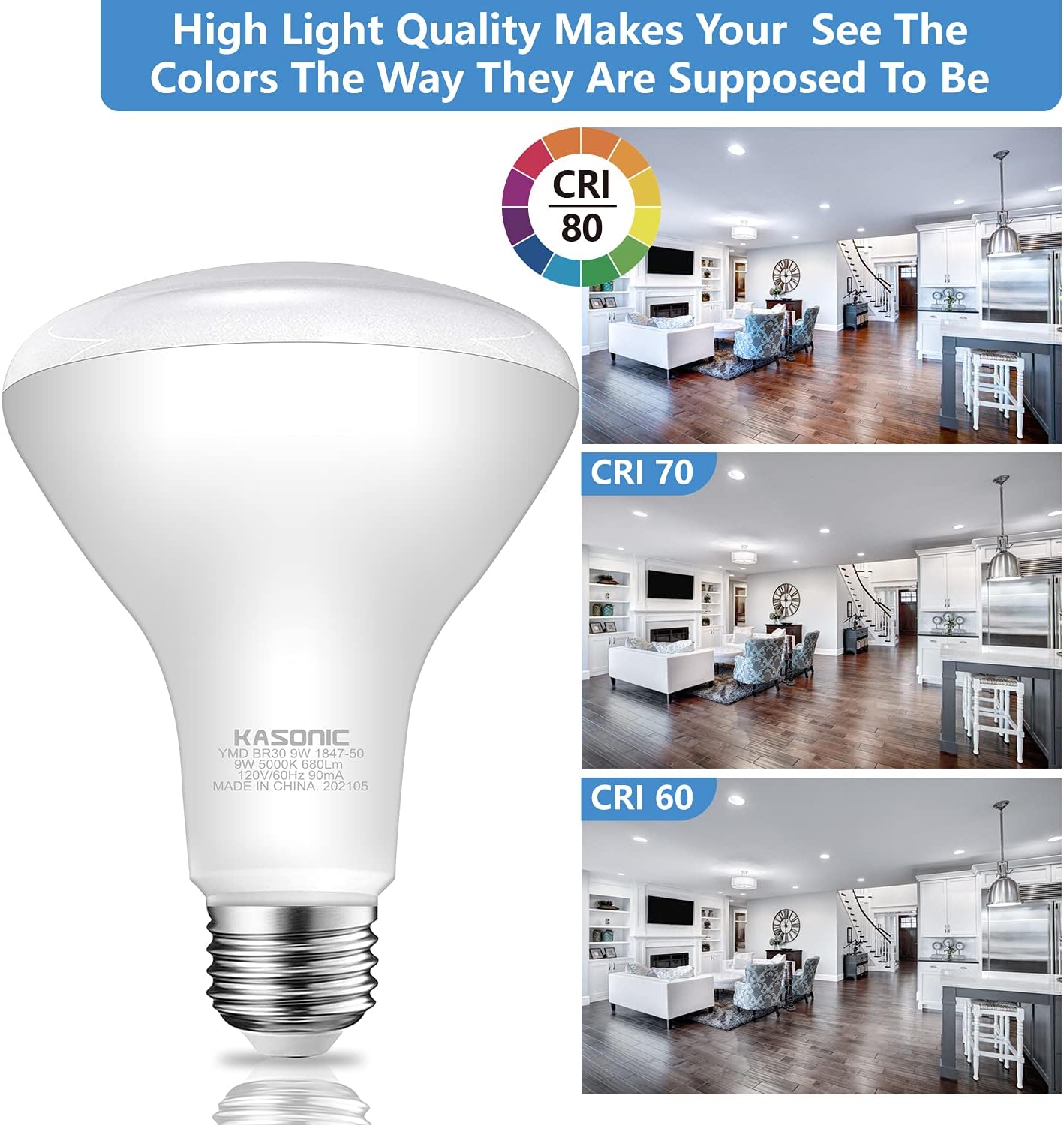 Kasonic 6 Pack BR30 LED Bulb, 9W (60W Equivalent), 680 Lumens, 5000K Daylight, Dimmable, E26 Base, Indoor Flood Light for Cans, and UL Listed