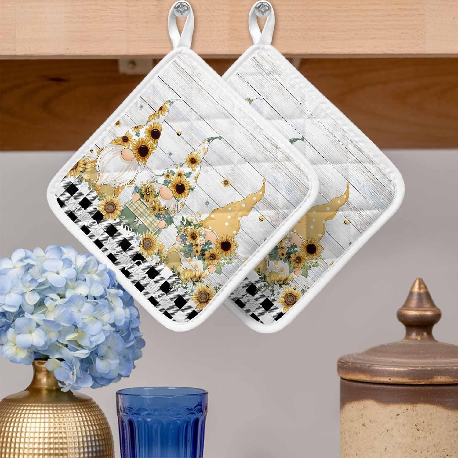 5 Pack Pot Holders for Kitchen, Vintage Gnomes Hot Pads for Kitchen Countertops Oven Pot Holder Bulk, Sunflower Black White Plaid Wooden Retro Art Heat Insulation Potholders with Hanging Loops
