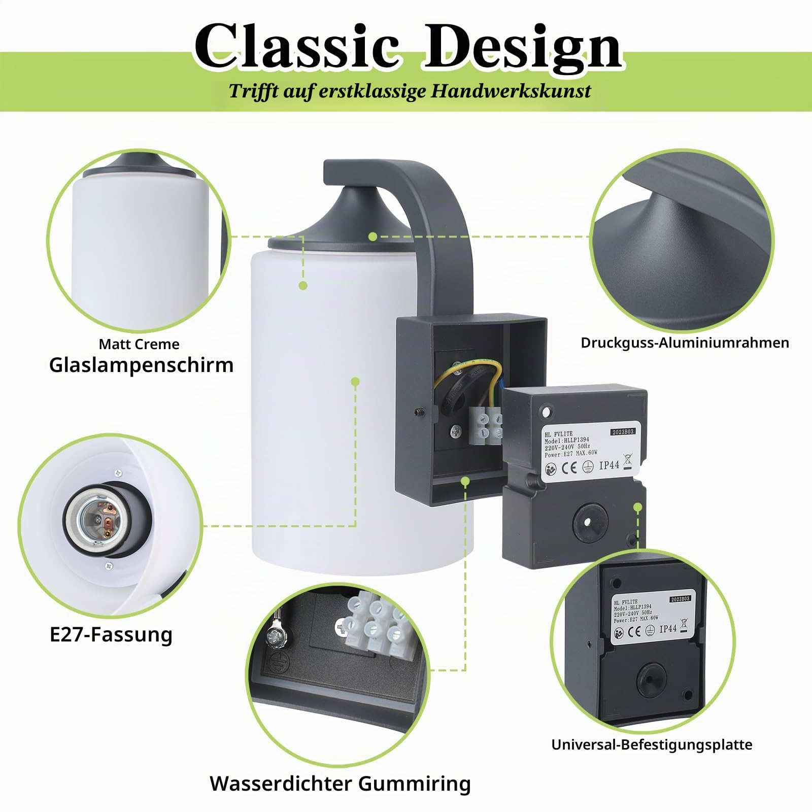 HLFVLITE Aussenleuchte Außenlampe Wand, Anthrazit Grau Außenwandleuchte Wandlaterne aus Aluminium & Glas, E27 Wandlampe für Terrasse Garten Fassaden, 18W Max, IP44, ohne Leuchtmittel