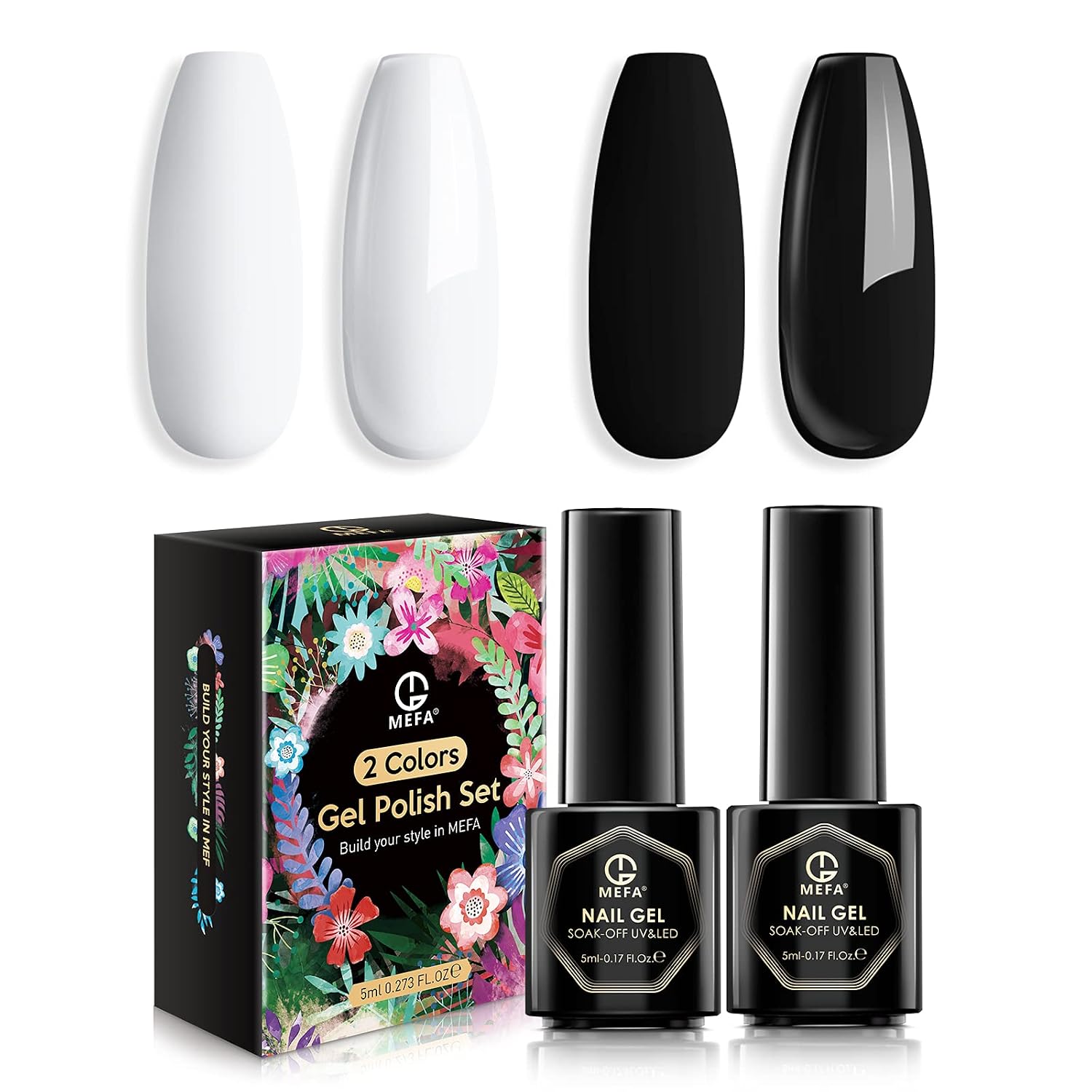 MEFA Gel Nail Polish Set- Black White Gel Nail Polish Soak Off LED Nail Gel Polish Nail Art Manicure Salon DIY at Home 2Pcs 5ml