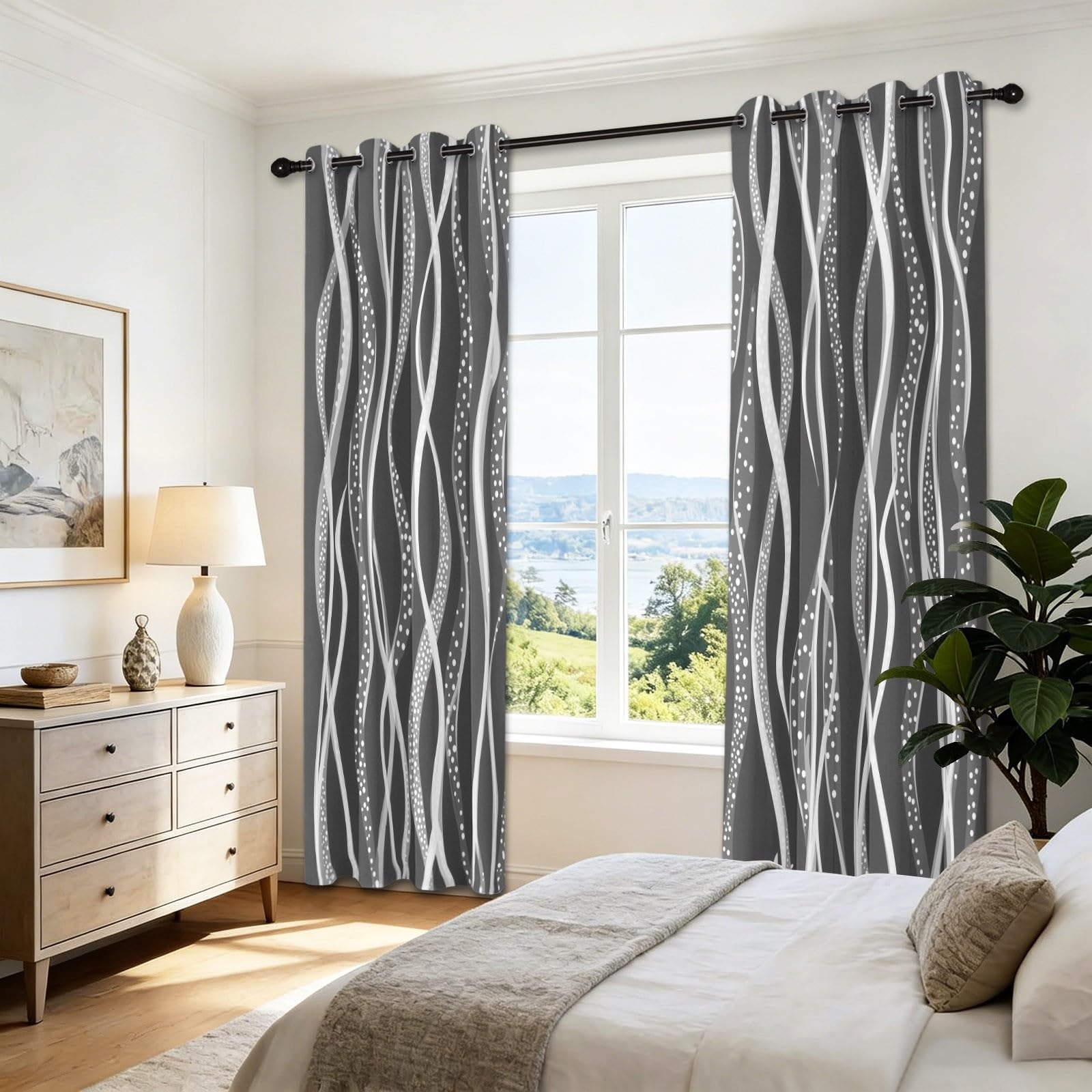 Generisch Einfach Bedruckt Vorhänge H200 x B70 cm aus 2 Paneelen, Geometrie Wellenlinien Punkte Schalldicht Vorhang mit Ösen für Wohnzimmer Schlafzimmer, Grau Verdunkelung Wärmeisoliert Gardine