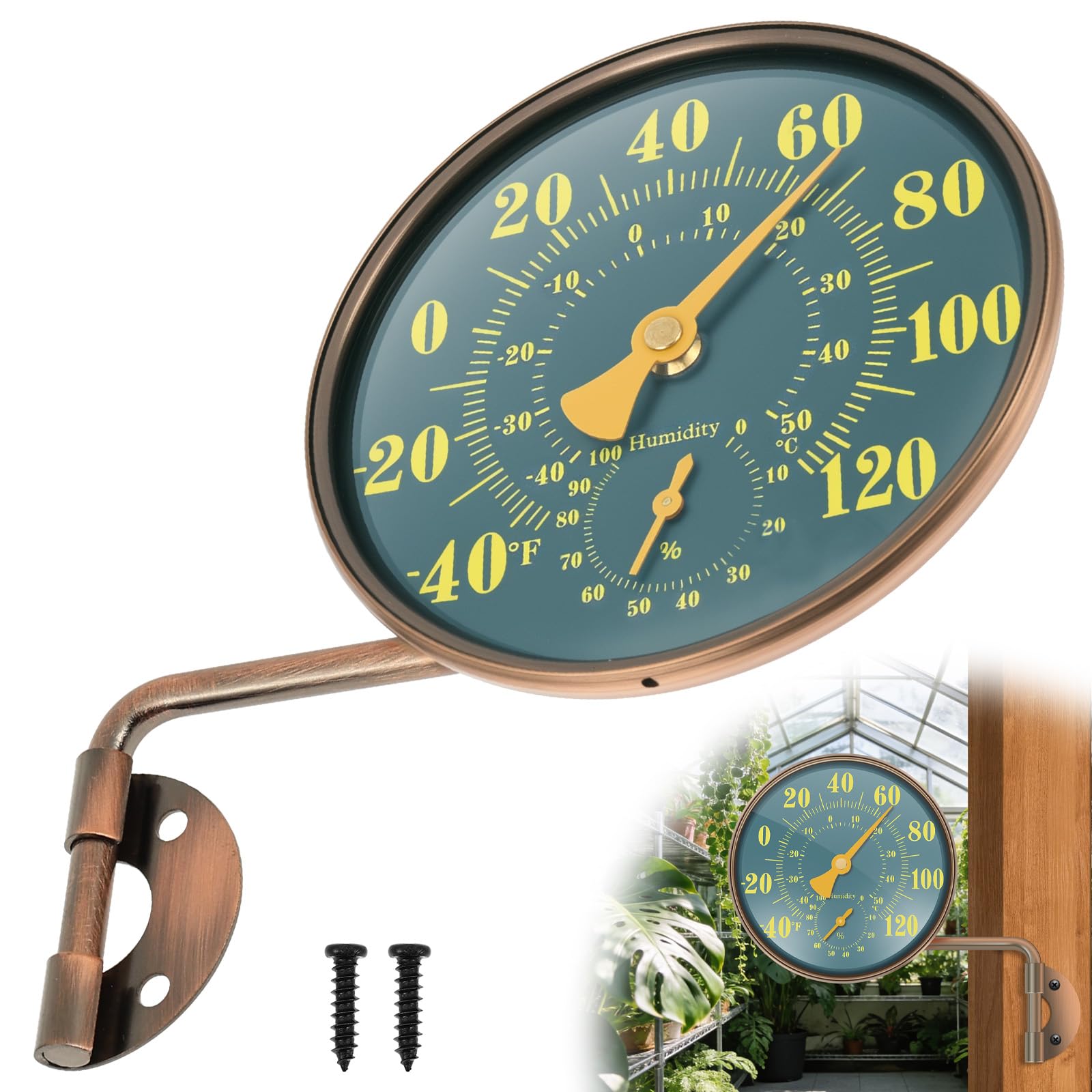 VAVPUP Outdoor Thermometer Hygrometer with Stylish Dial Design - Garden Thermometer Suitable for Outside Temperature and Humidity Meter Gauge Wall Greenhouse Garage Swinging Arm for Easy Positioning