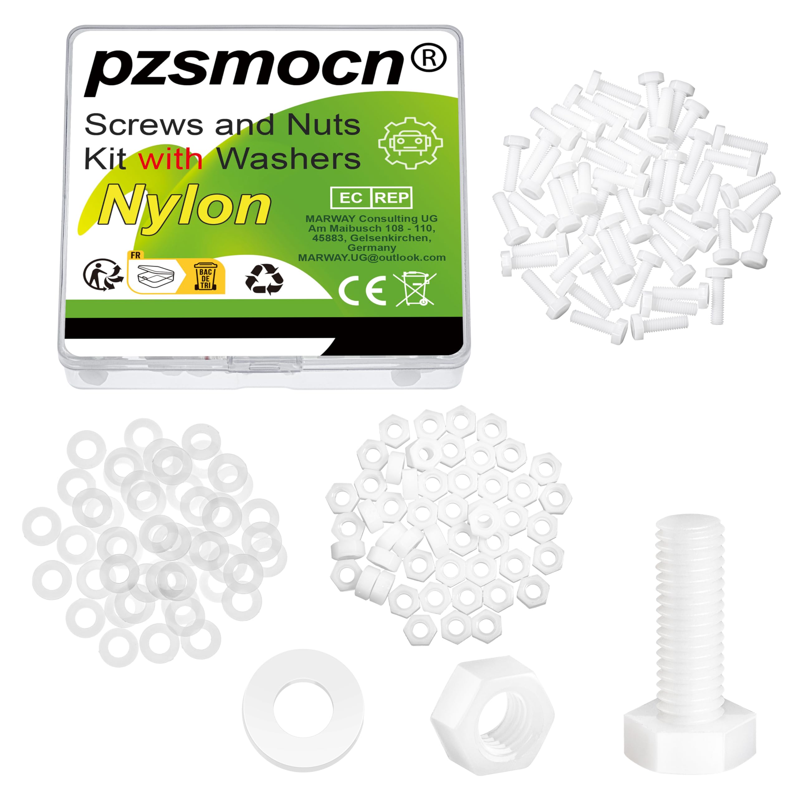 Pzsmocn 150 Pieces/50 Sets M5*15 mm Plastic White Nylon Outer Hexagon Screw Nut Combination Kit, with Insulating Washers, Standard Size, For DIY and Electronic Assembly. — image 1