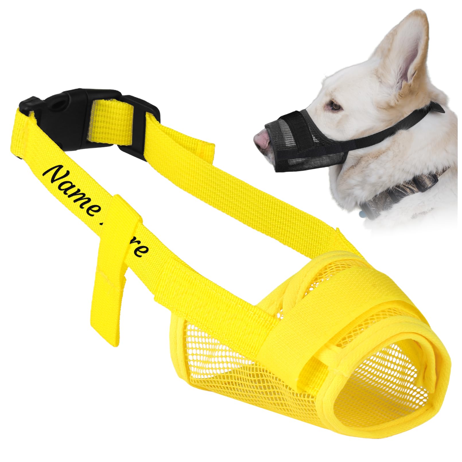 Personalized Custom Name Dog Muzzle,Mesh Breathable Muzzle Anti & Prevent Biting Barking (Yellow, one)
