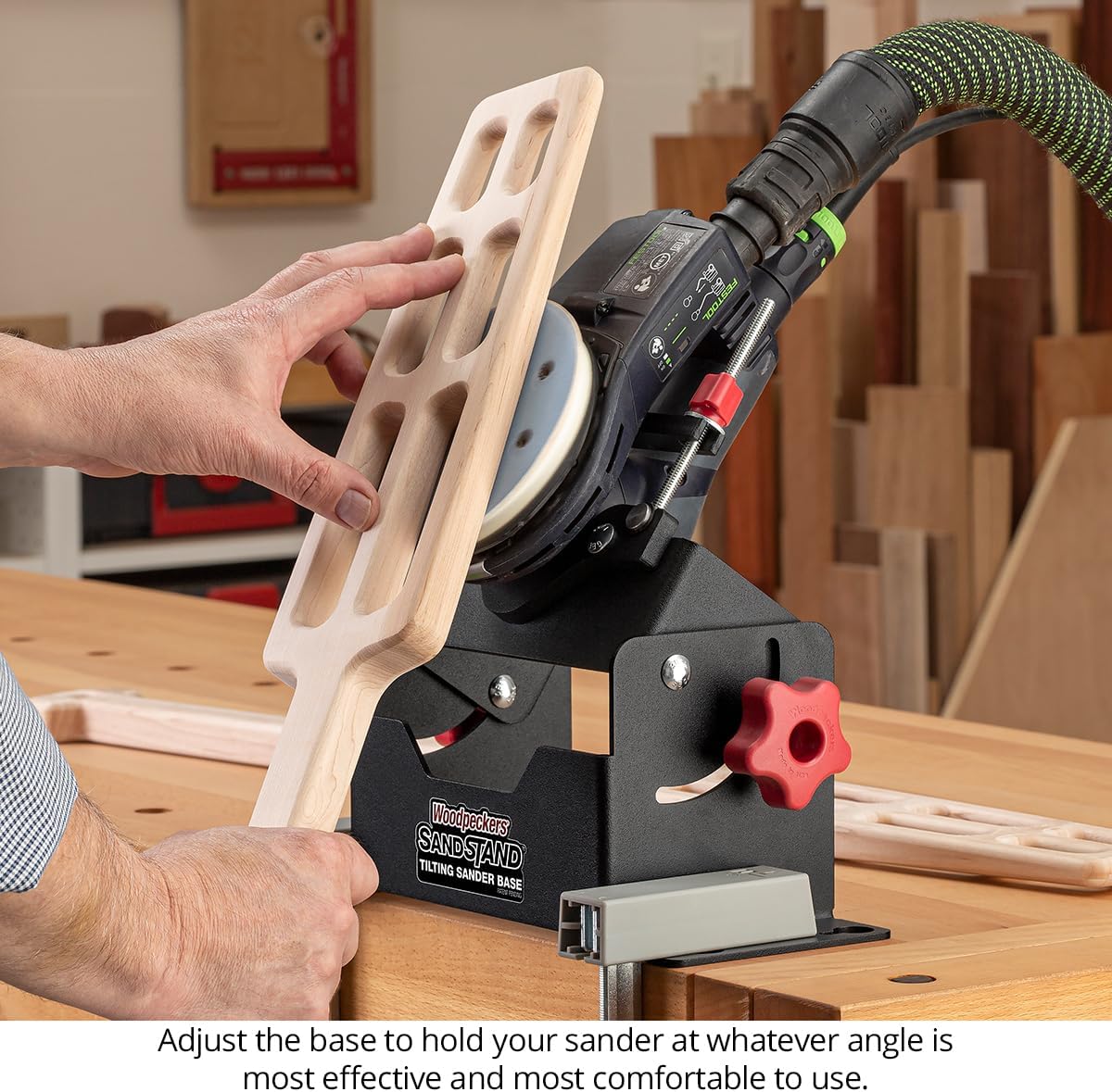 Woodpeckers SandStand Tilting Sander Base, Turns Palm Sanders & Orbital Sanders into Stationary Woodworking Sander, Fits Most 5" & 6" Roundish Sanders