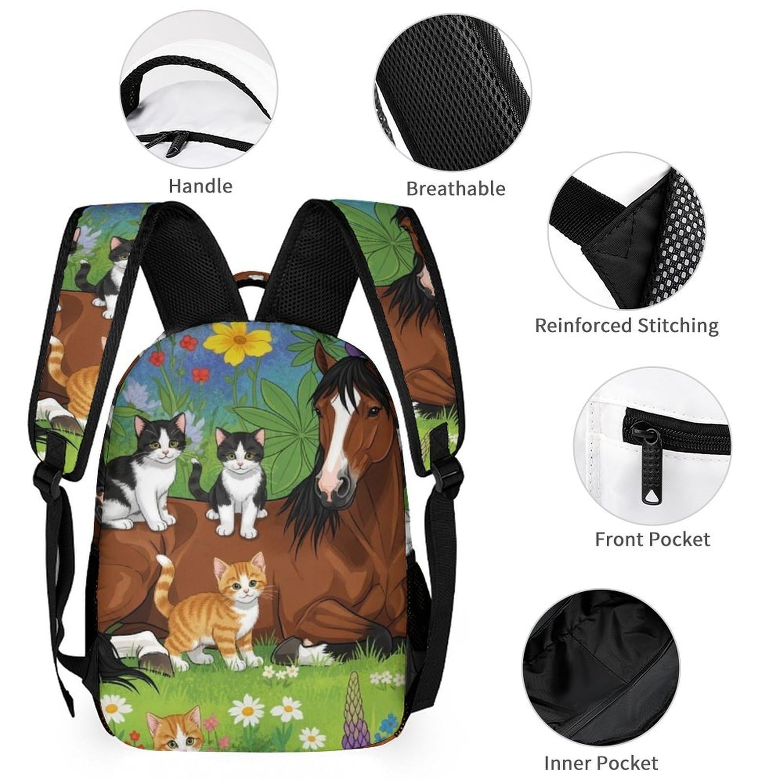 Conjunto de mochila con estampado de flores, caballo y gato, que incluye fiambrera, neceser y estuche de maquillaje.