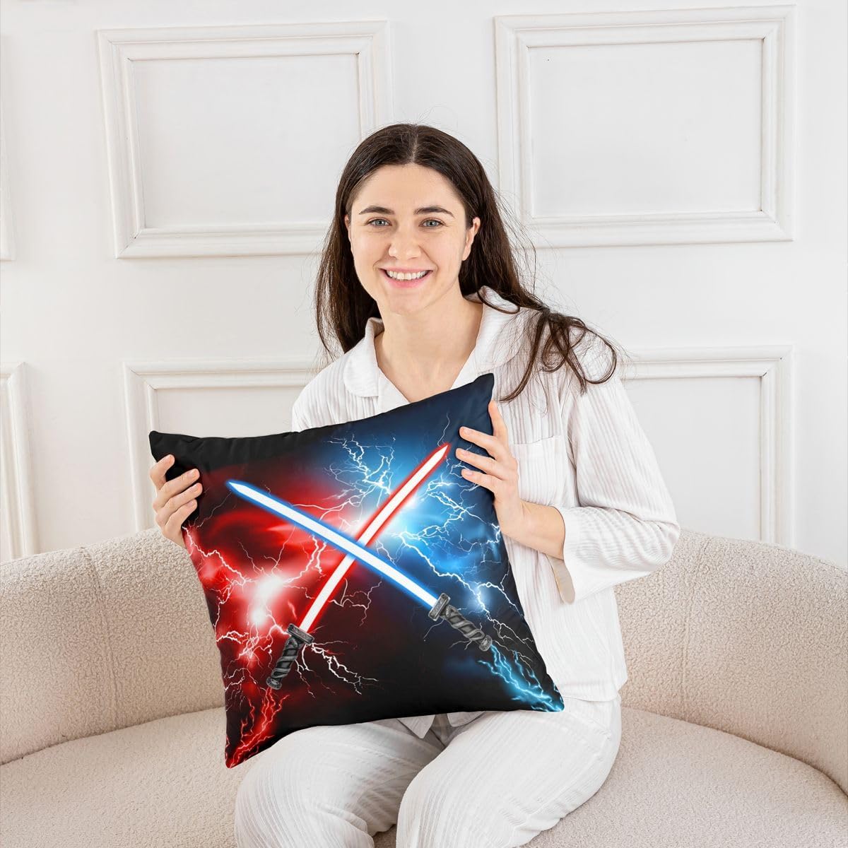 Feelyou Lightsaber Throw Pillow Covers 22"x22" Set of 2 Soft Kids Red Blue Decorative Throw Pillowcases for Boys Teens Lightsaber Grommet Pillow Cases Cushion Covers Future Technology Cushion Cases