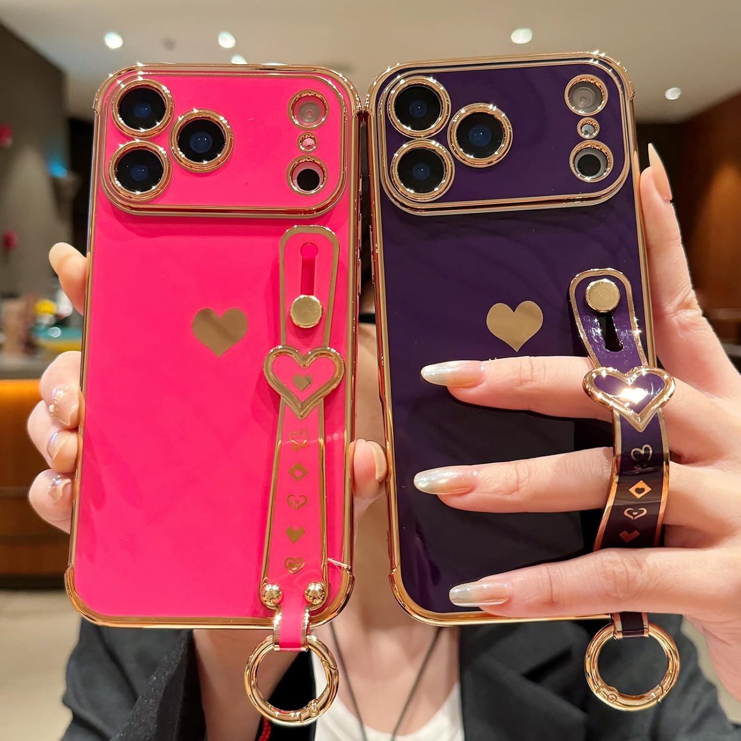 Compatible with iPhone 17 Pro Case with Strap for Women Girls [2× Screen Protectors], Cute Love-Hearts Design, Wristband Kickstand Plating Edge Protective Phone Case (6.3") - Dark Purple - Image 8