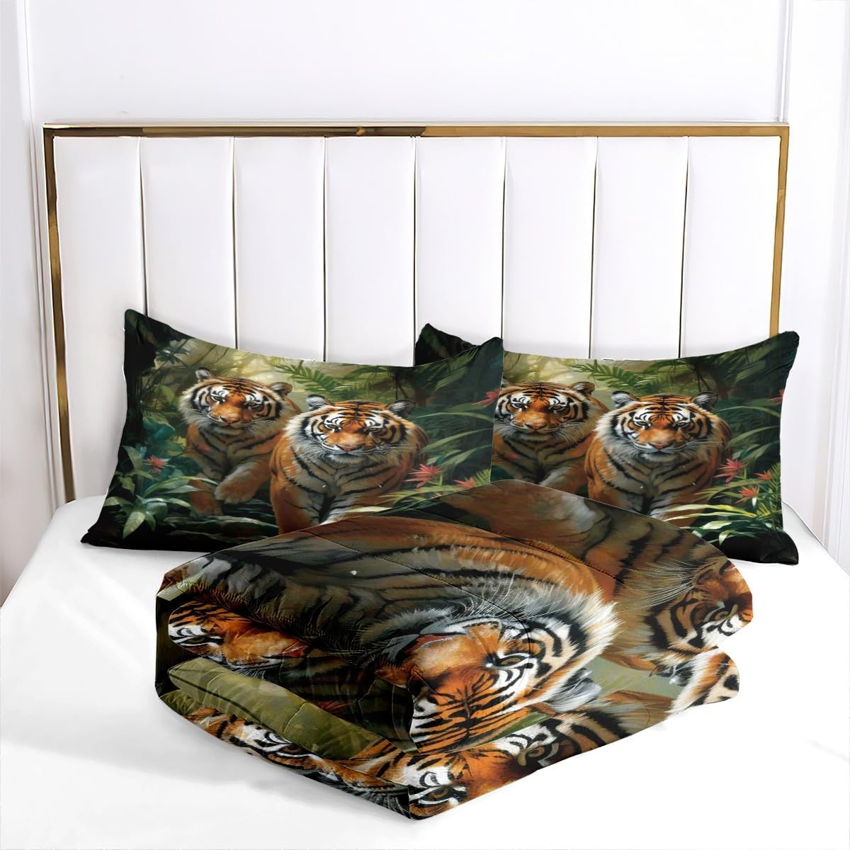 Tiger Bedding Set Twin, Dark Green Comforter Set, Tropical Plants Wildlife Animal Tiger Comforter Set Quilt Cover with 2 Pillowcases for Kids Teens Adults，Twin - Image 7