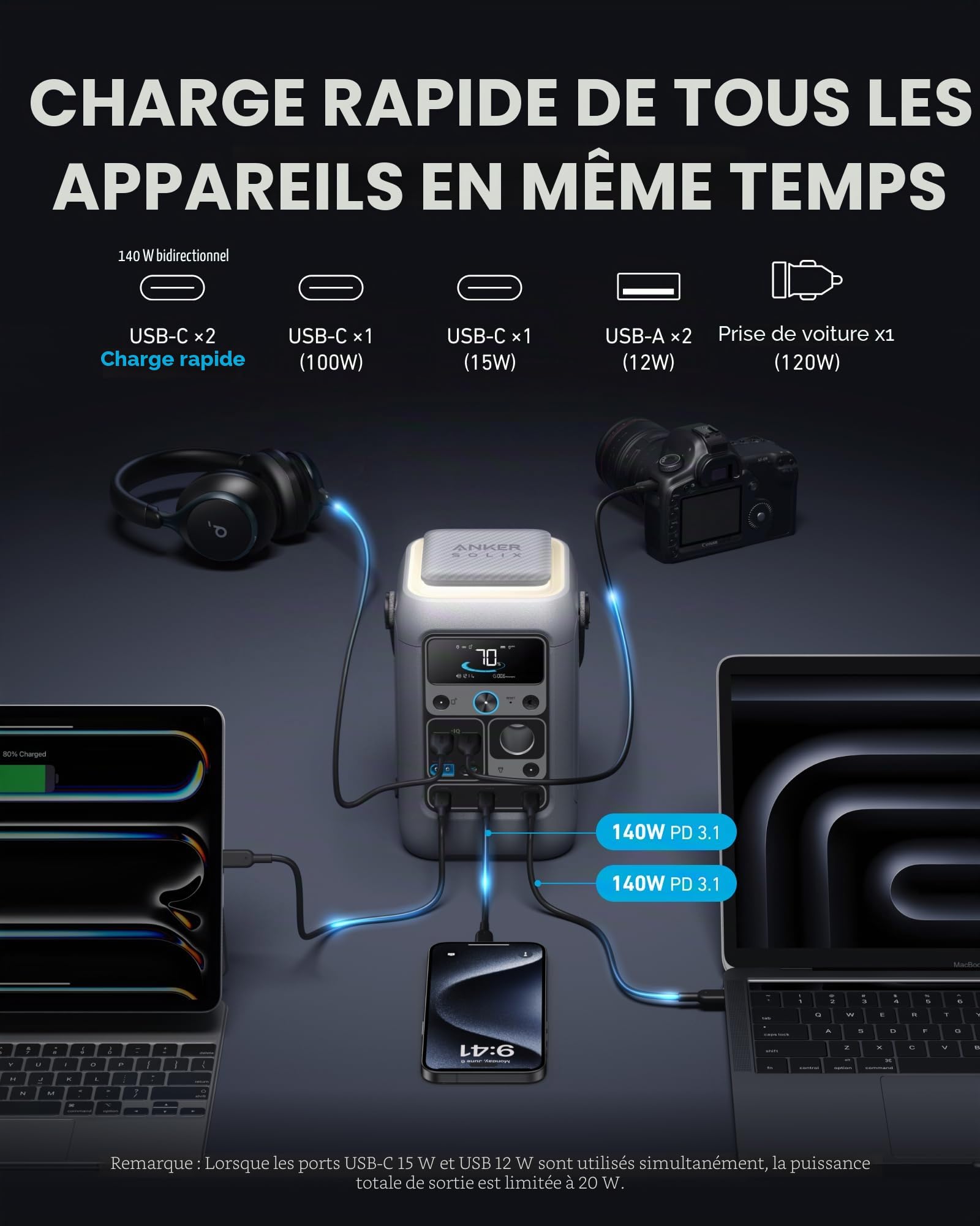 Anker SOLIX Station de banque d'alimentation C300 CC avec panneau solaire 60 W, station d'alimentation portable 288 Wh, batterie LiFePO4, générateur solaire 300 W, pour extérieur, camping, voyage et