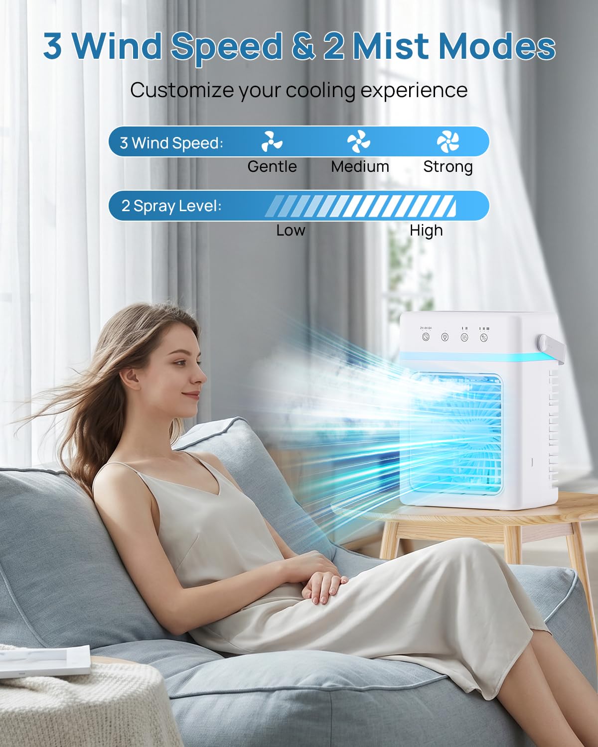 Climatiseur Mobile avec Réservoir 900ML, Refroidisseur d'Air 3 Niveaux & 2 Brumisation, Mini Climatiseur Portable, Minuterie Programmable 6H, Éclairage Coloré, Alimentation USB, pour Petits Espaces