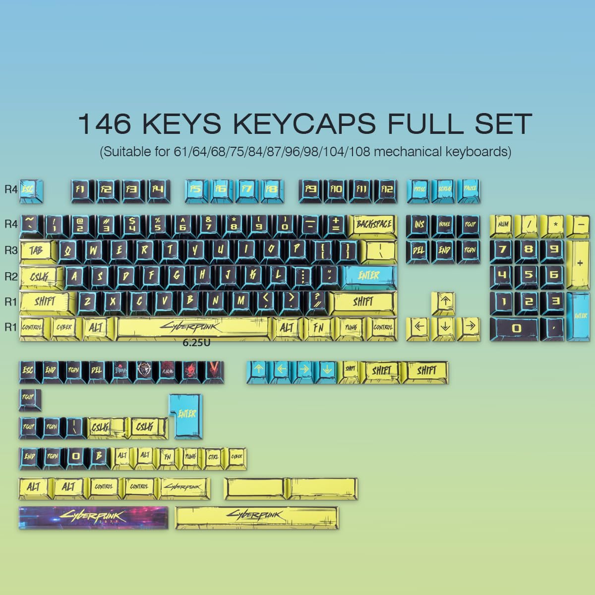 JakeTsai Keycap PBT, 146 tasti sublimati con profilo Cherry Cyberpunk 2077 stile manga set per interruttori magnetici Cherry layout ISO/ANSI