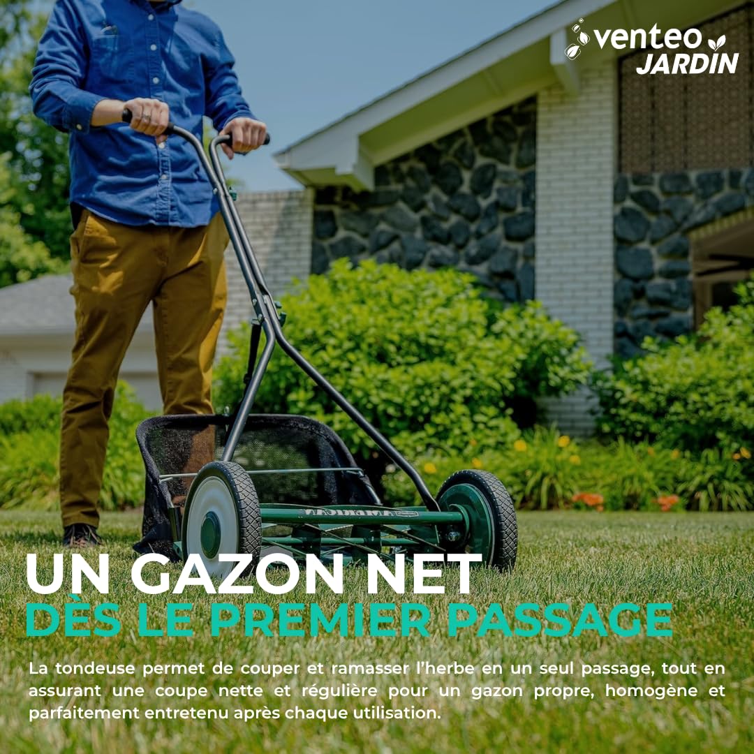 VENTEO Tondeuse Hélicoïdale Manuelle 7 Lames 40,6 cm Bac Ramassage Tondeuse Gazon sans Électricité