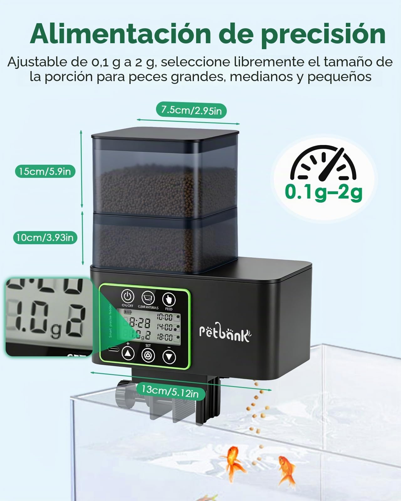Comedero Automático para Peces - 230/510 ML Ajustable Temporizador para Acuario con Precisión 0.1-2g, Alerta de Falta de Comida, Limpieza Fácil, Antihumedad, Pantalla LCD, USB Recargable
