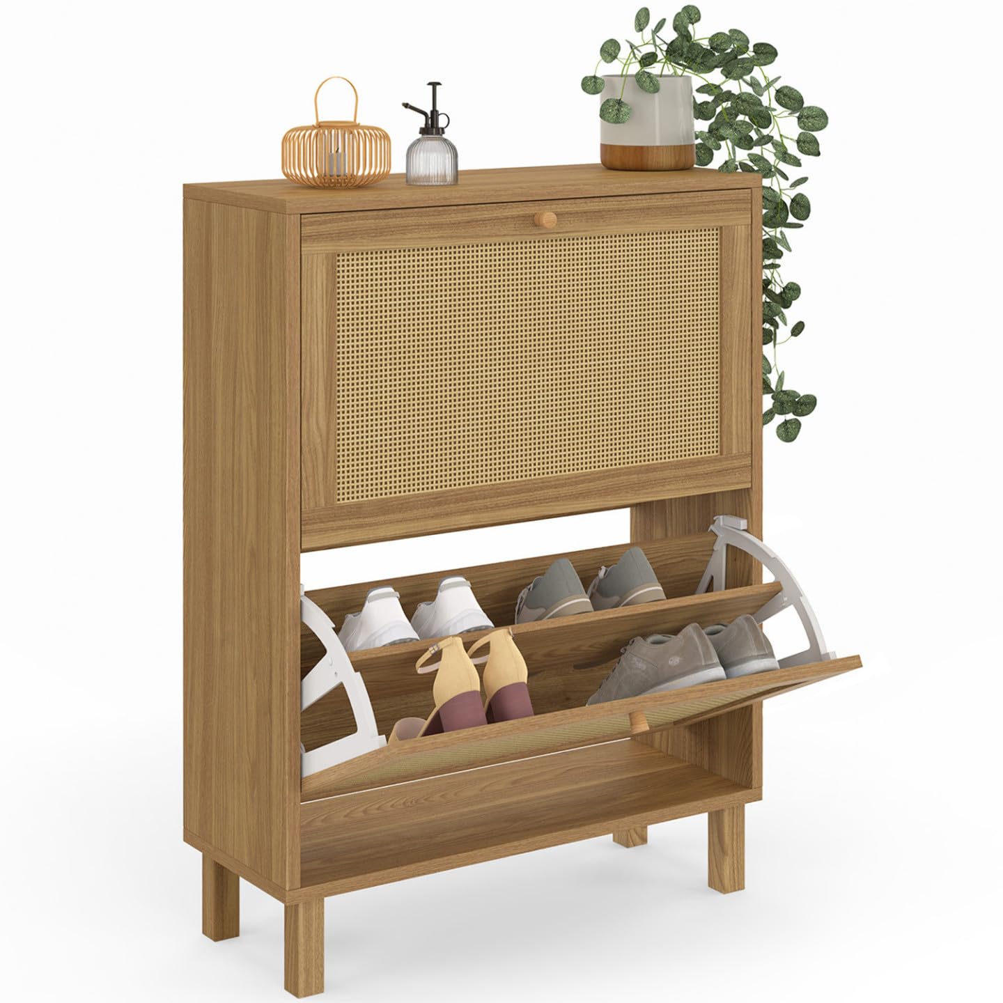 IDMarket - Zapatero 12 pares HANAE imitación haya 2 puertas efecto natural rejilla de caña